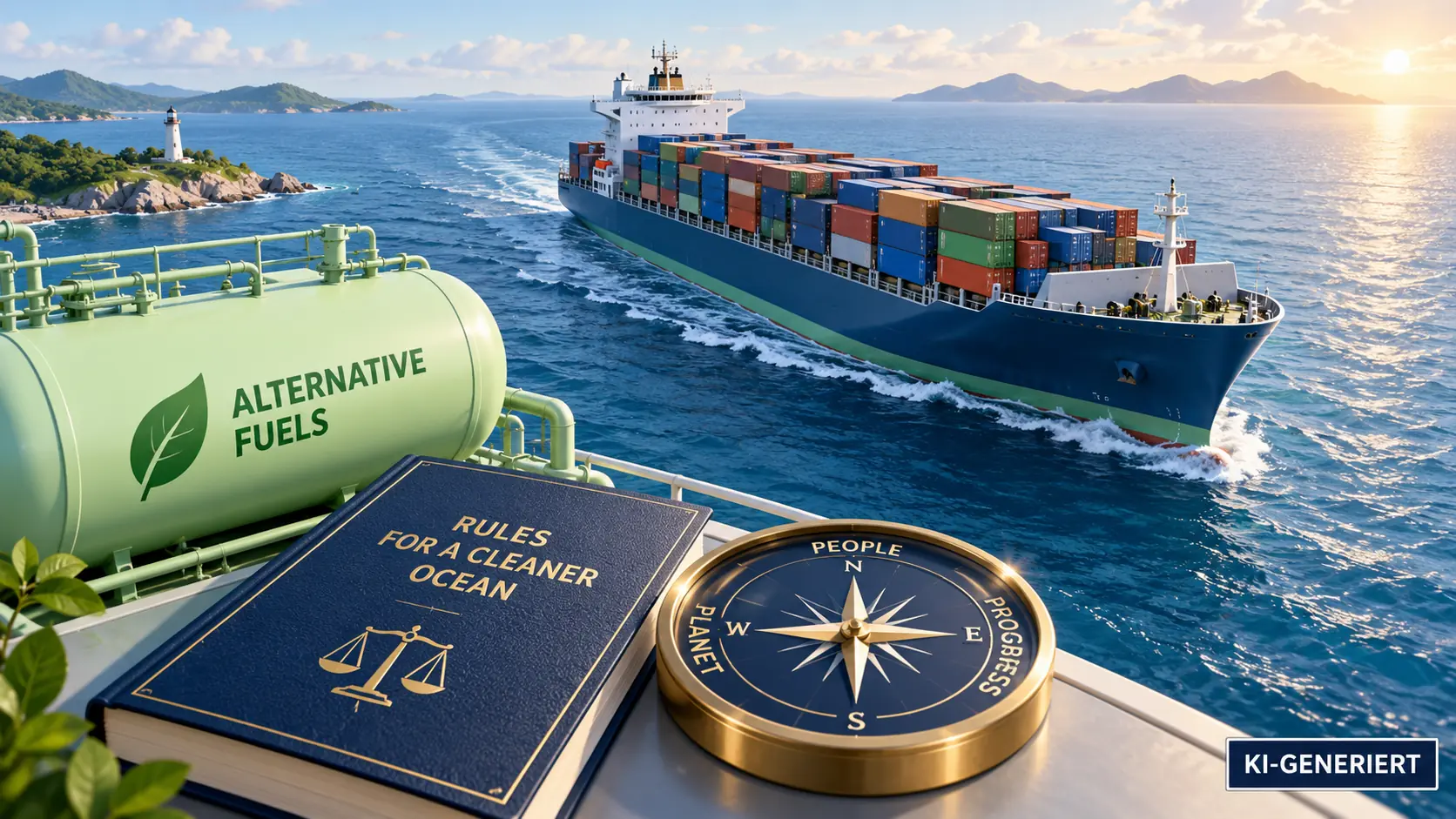 Containerschiff, alternativer Kraftstofftank und ein Regelwerk als maritime Illustration.