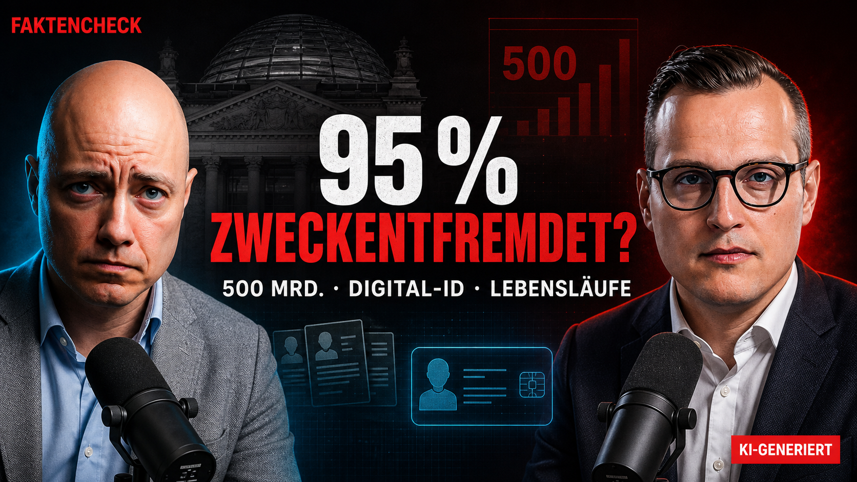 KI-generierte redaktionelle Illustration mit Philip Hopf und Dominik Kettner vor Bundestag-, Budget- und Digital-ID-Symbolik sowie der Frage „95 % zweckentfremdet?“; im Bild steht sichtbar „KI-GENERIERT“.