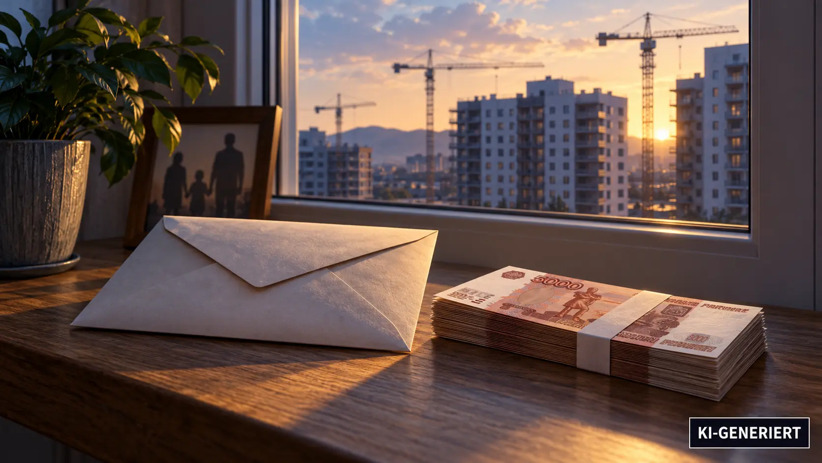 Umschlag, symbolische Rubel-Banknoten und Familienfoto vor einem Wohnungsbau.