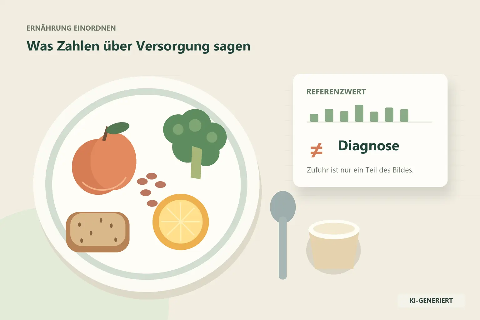 Teller mit Obst, Brot und Gemüse neben einer Karte: Referenzwert ist nicht gleich Diagnose.