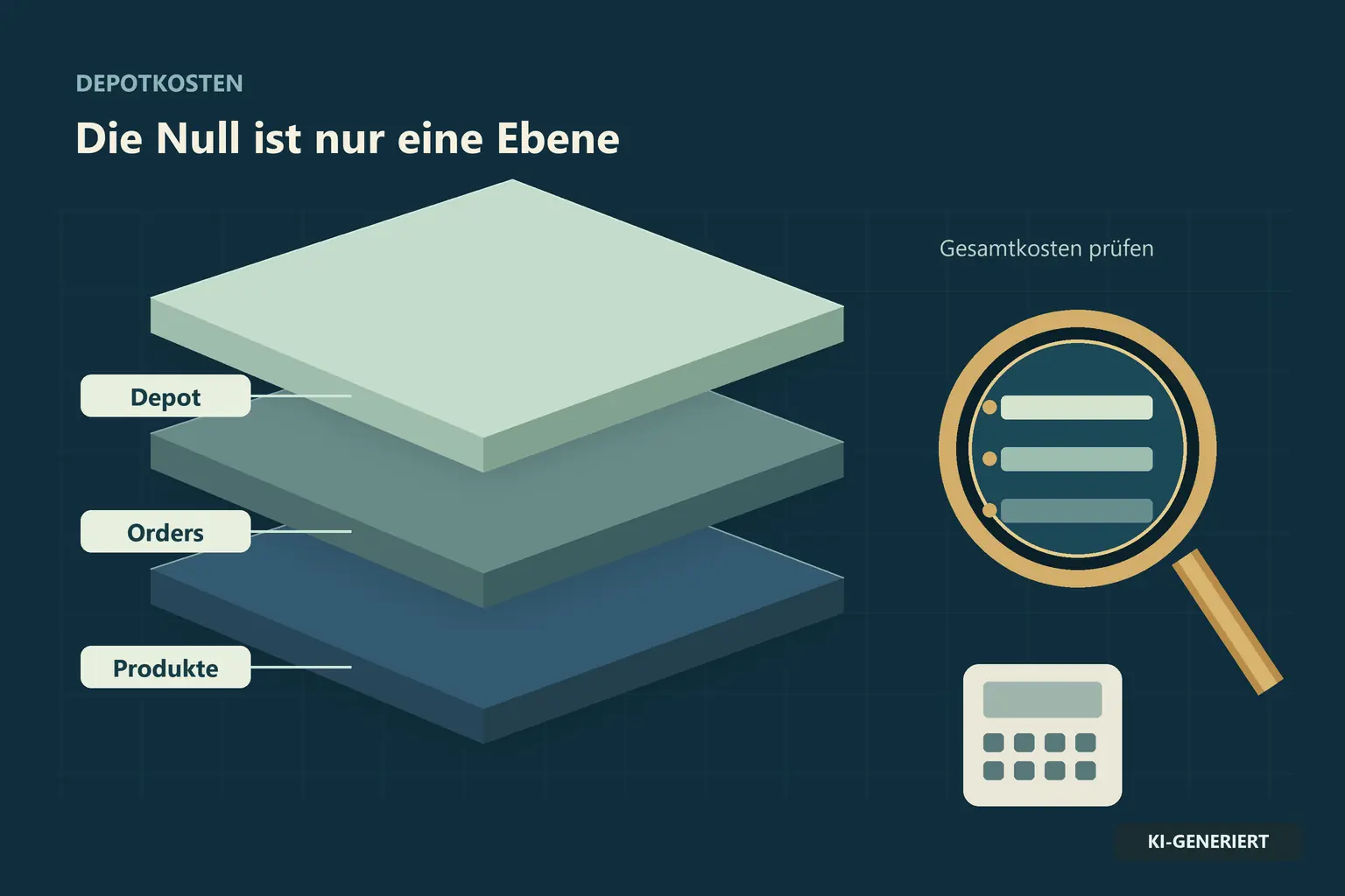 Drei Kostenebenen: Depot, Orders und Produkte; daneben Lupe und Taschenrechner.