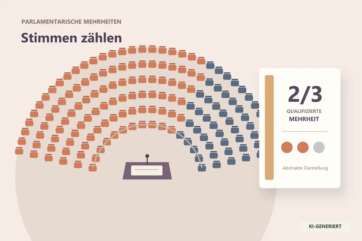 Abstrakter Plenarsaal mit verschiedenfarbigen Sitzen und einer Karte zur Zweidrittelmehrheit.