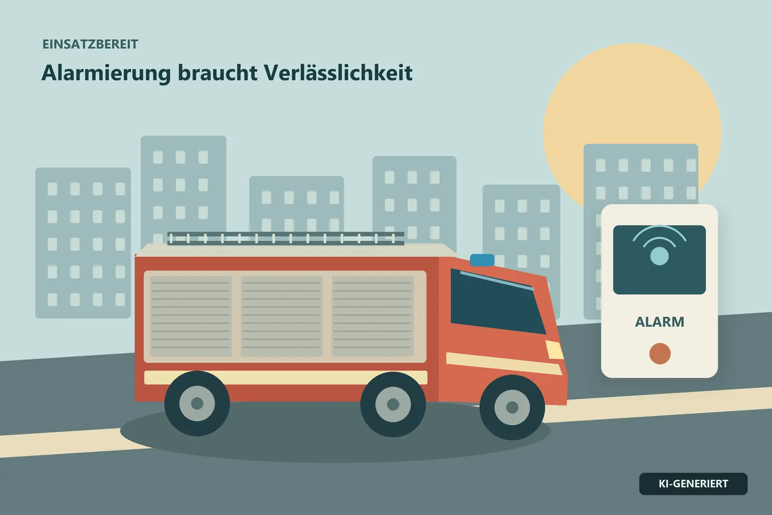 Stilisiertes Feuerwehrfahrzeug mit Leiter vor erfundener Stadtsilhouette und Alarmempfänger.