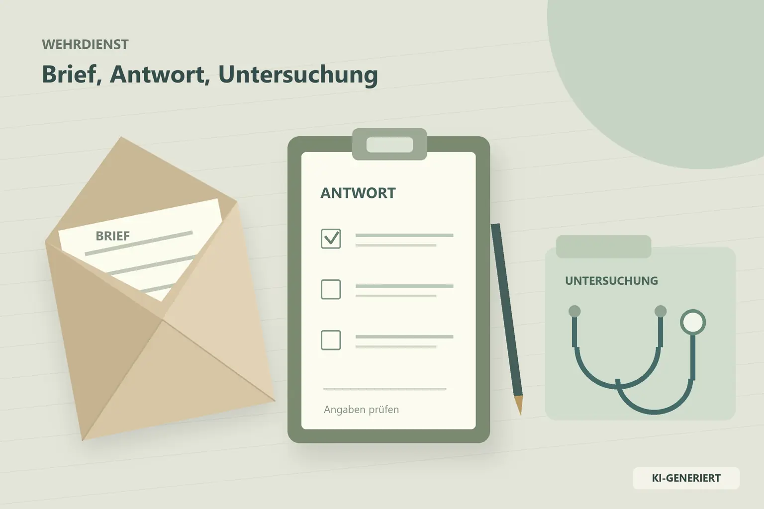 Briefumschlag, Antwortbogen auf einem Klemmbrett und ein Stethoskop auf einer Akte.