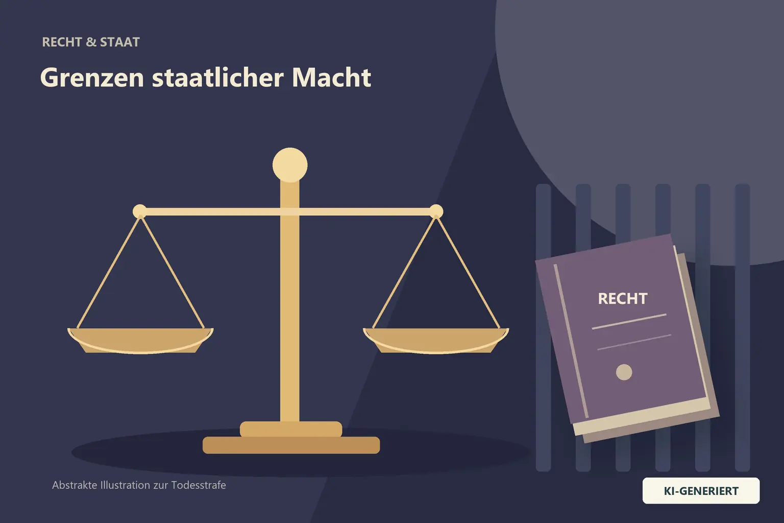 Goldfarbene Justizwaage und abstrahierte Gesetzbücher vor violettblauem Hintergrund.