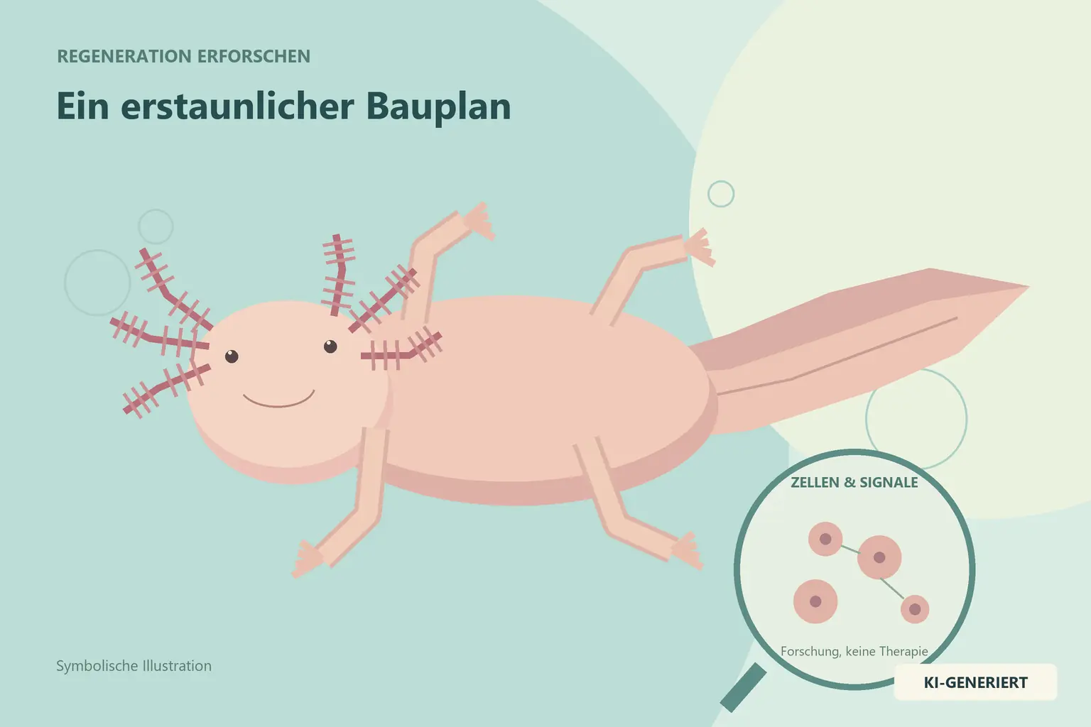 Zeichnerischer Axolotl mit äußeren Kiemen und vier intakten Beinen in mintfarbener Wasserlandschaft; daneben symbolische Forschungslupe mit Zellen.