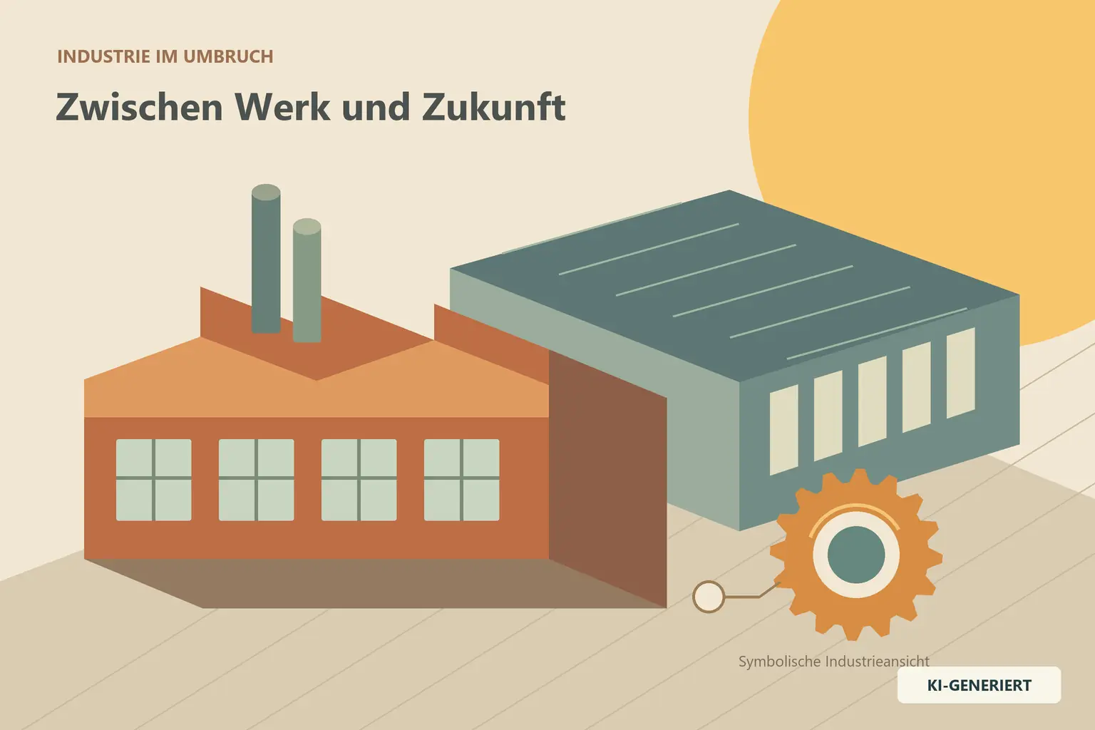 Illustrative Industrieanlage mit Hallen, Fenstern und technischen Bauteilen in warmer sandfarbener Landschaft.