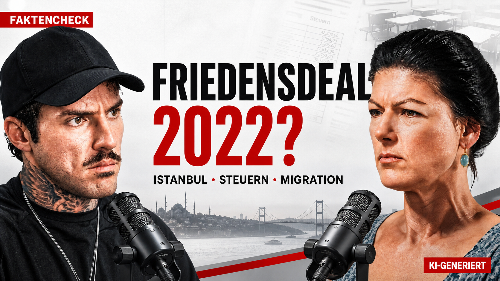 KI-generierte redaktionelle Illustration mit Christian Wolf und Sahra Wagenknecht vor Istanbul-, Steuer- und Bildungssymbolik sowie der Frage „Friedensdeal 2022?“; im Bild steht sichtbar „KI-GENERIERT“.