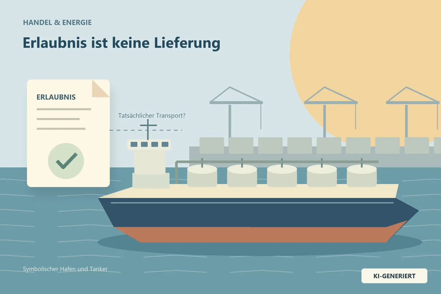 Stilisierter Tanker in erfundenem Hafen; links ein als Erlaubnis beschriftetes symbolisches Dokument.