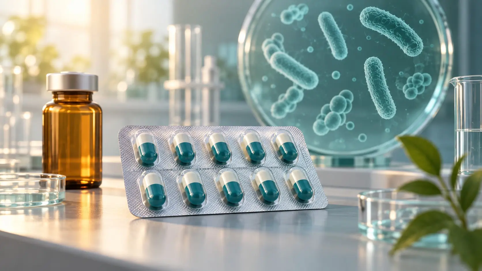 Symbolillustration mit Bakterien, Laborinstrumenten und Medikamenten zum Thema Antibiotikaresistenz.