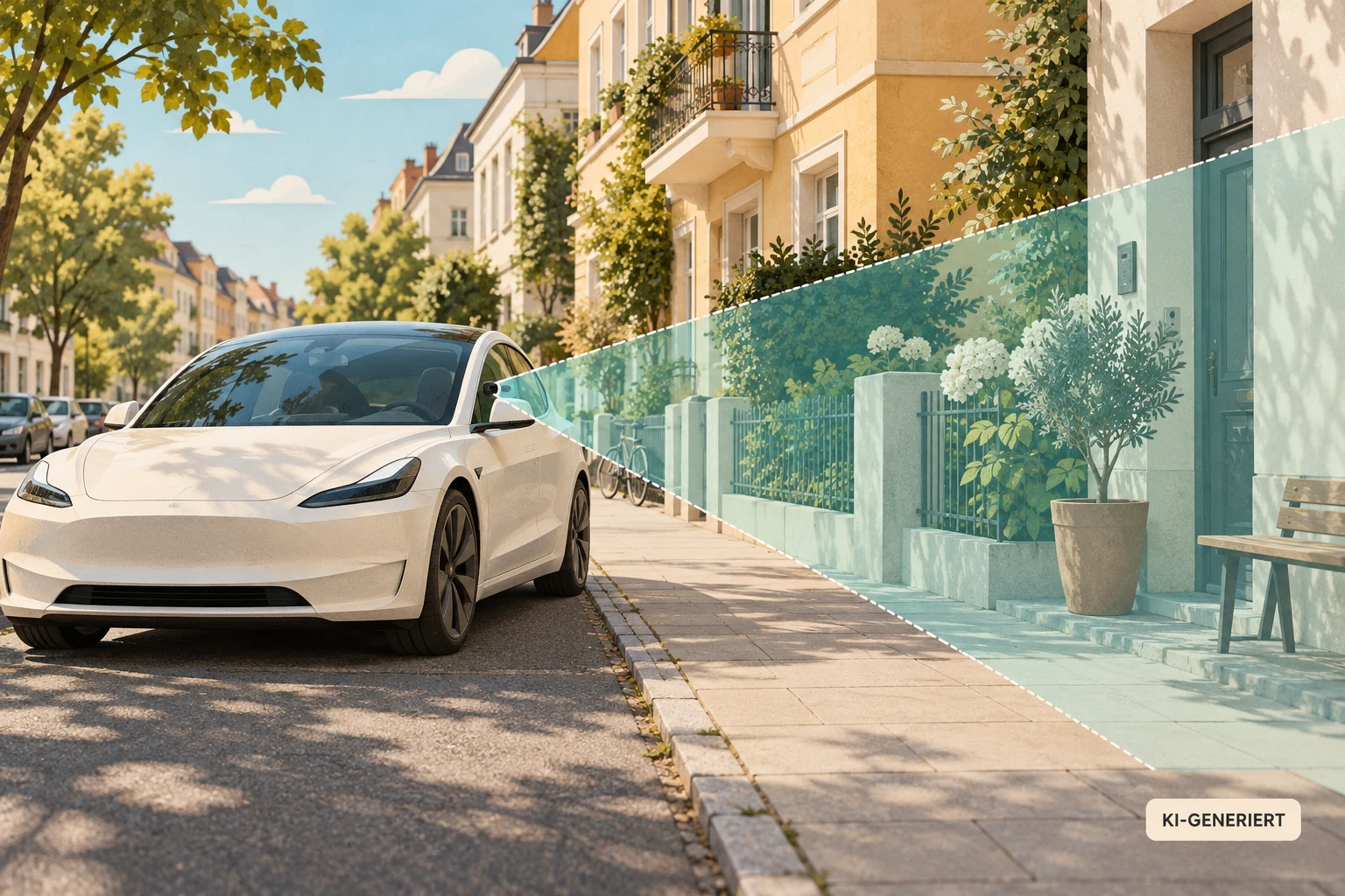 KI-Symbolillustration: Elektroauto im Straßenraum mit angedeuteten Kamerasichtfeldern.