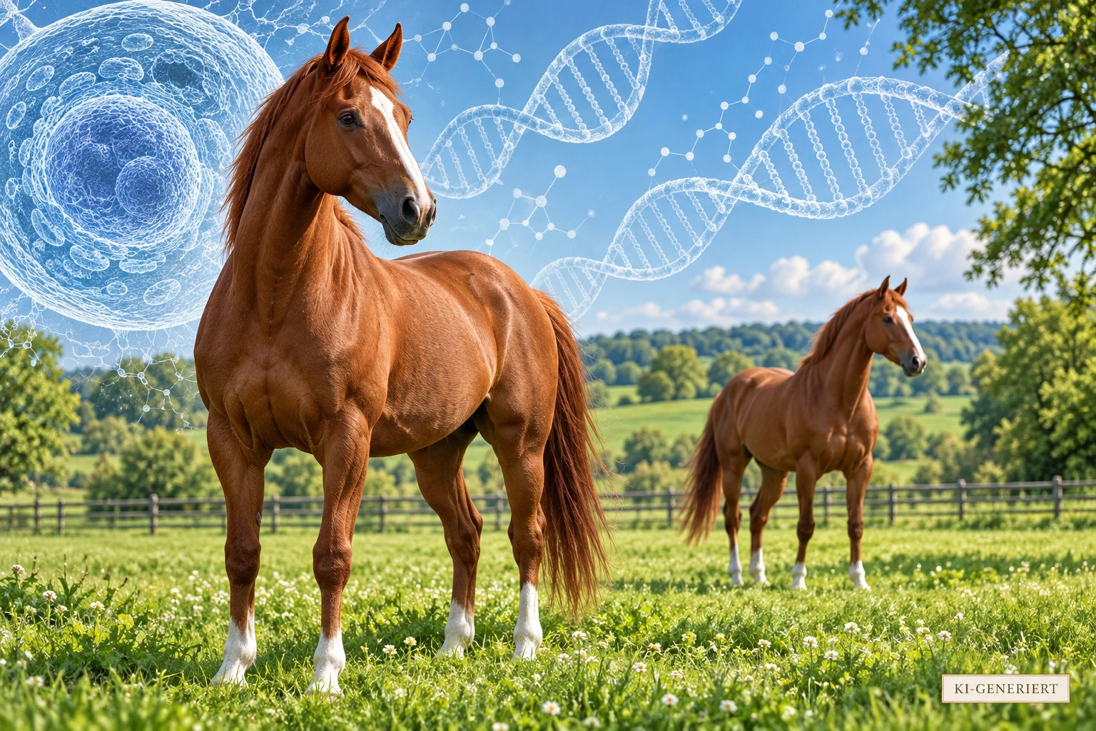 KI-Symbolillustration: zwei Pferde auf einer grünen Weide mit symbolischen DNA- und Zellmotiven.