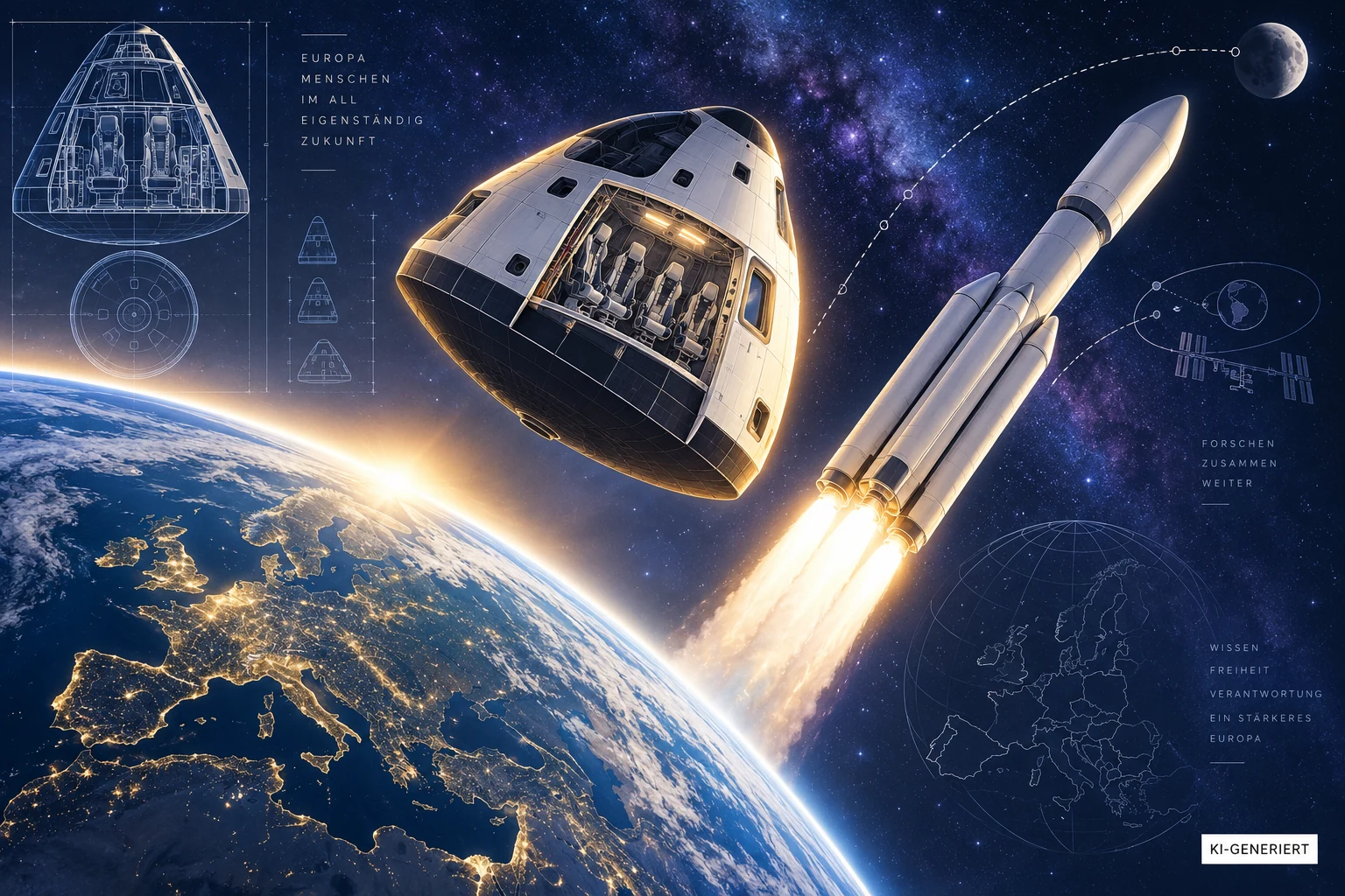 KI-Konzeptillustration: fiktive Raumkapsel und Rakete über Europa; kein reales ESA-Raumfahrzeug.