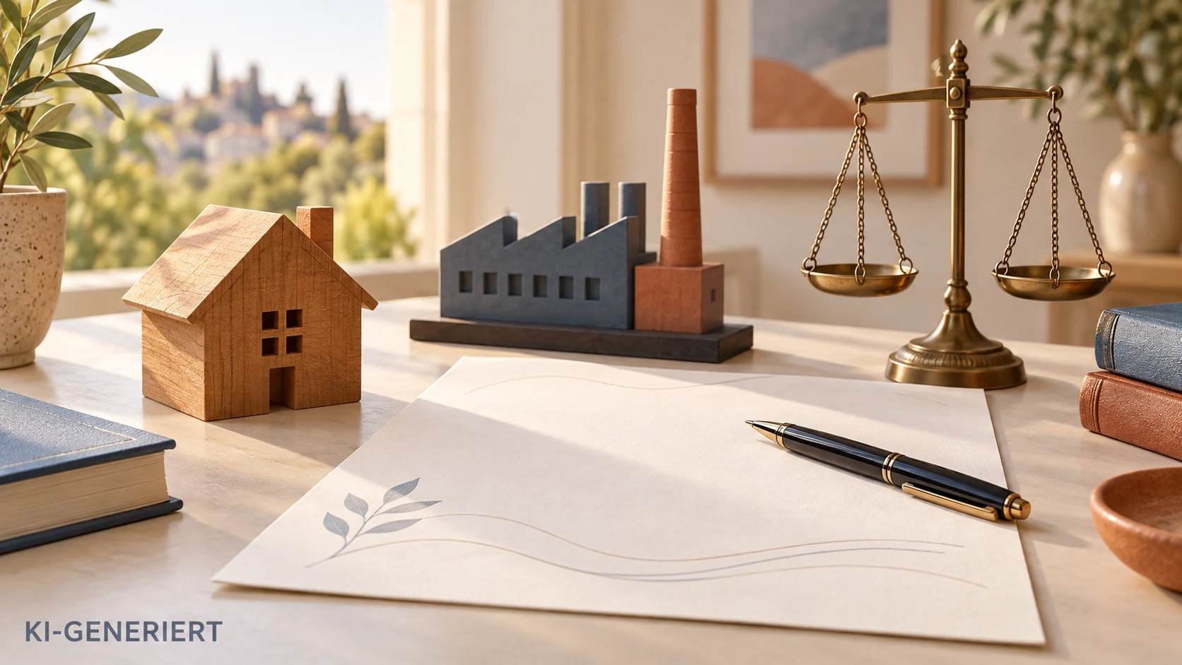 Redaktionelle Illustration: Wohnhaus, Unternehmen und Waage zur Erbschaftsteuer