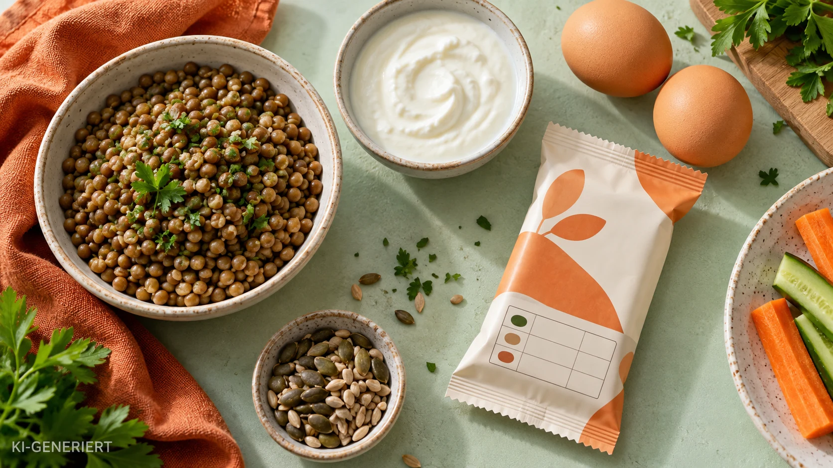 Eiweißhaltige Lebensmittel und eine neutrale Proteinpackung als redaktionelle Illustration