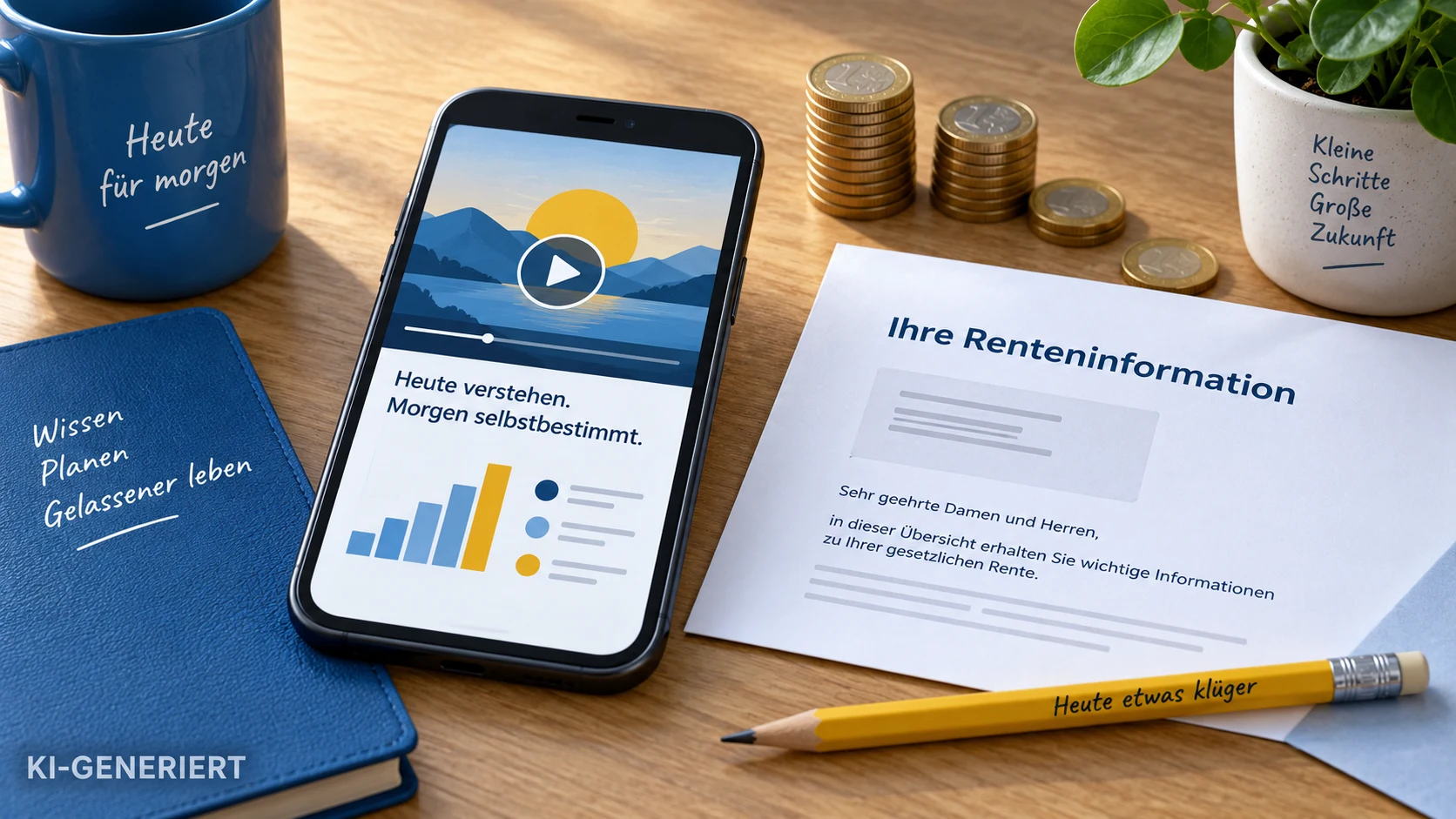 Redaktionelle Illustration: Smartphone, Rentenunterlagen und Münzen zur privaten Altersvorsorge