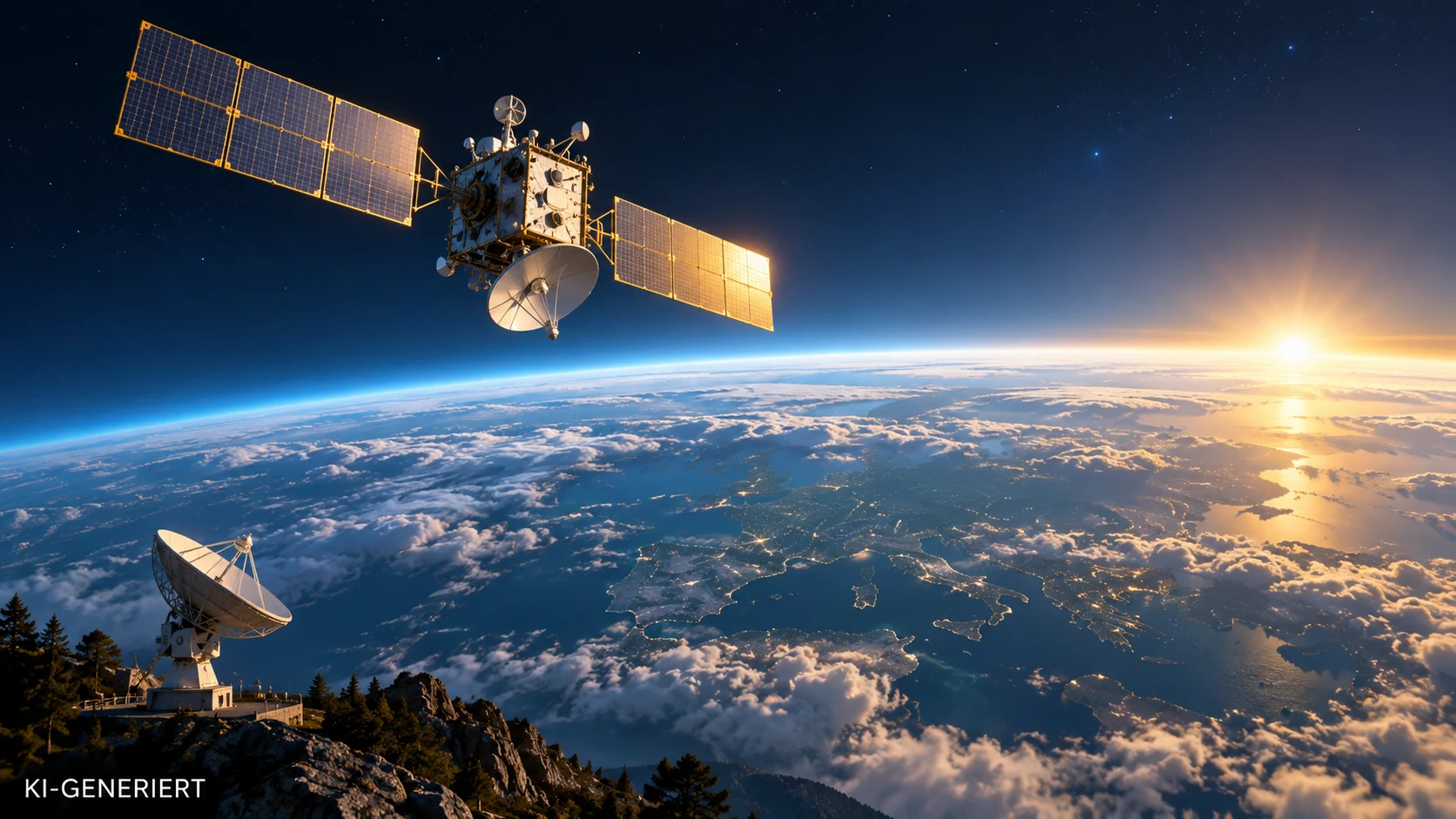 Redaktionelle Illustration eines Satelliten über der Erde zur militärischen Weltraumnutzung