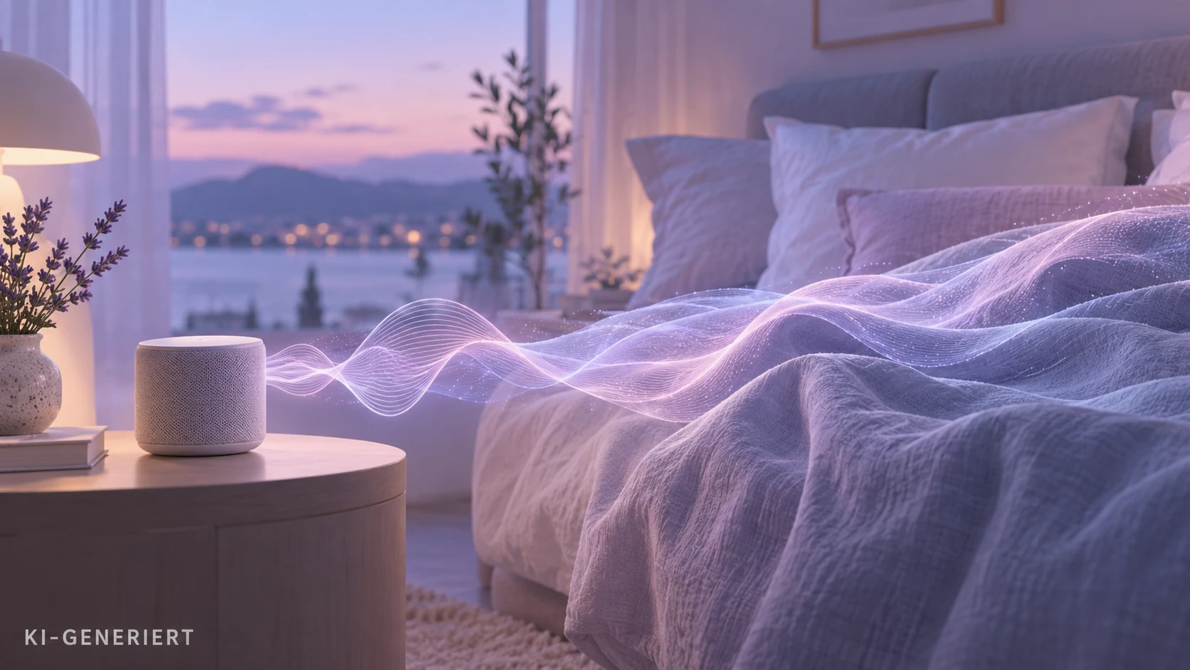 Redaktionelle Illustration: Schlafzimmer mit einem Lautsprecher auf dem Nachttisch