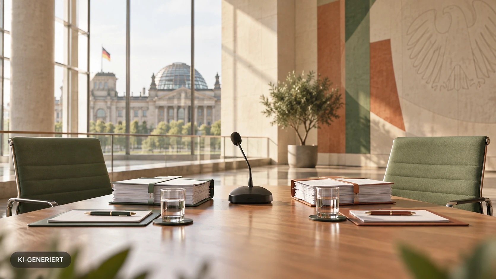 KI-generierte Illustration: leerer parlamentarischer Besprechungstisch mit Akten, Mikrofon und Blick auf das Reichstagsgebäude.