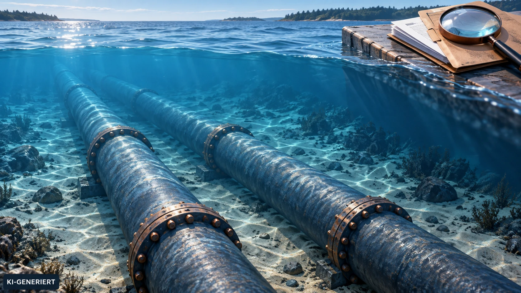 KI-generierte Illustration: Unterwasser-Pipelines neben einer Akte und Lupe als Symbol für Ermittlungen.