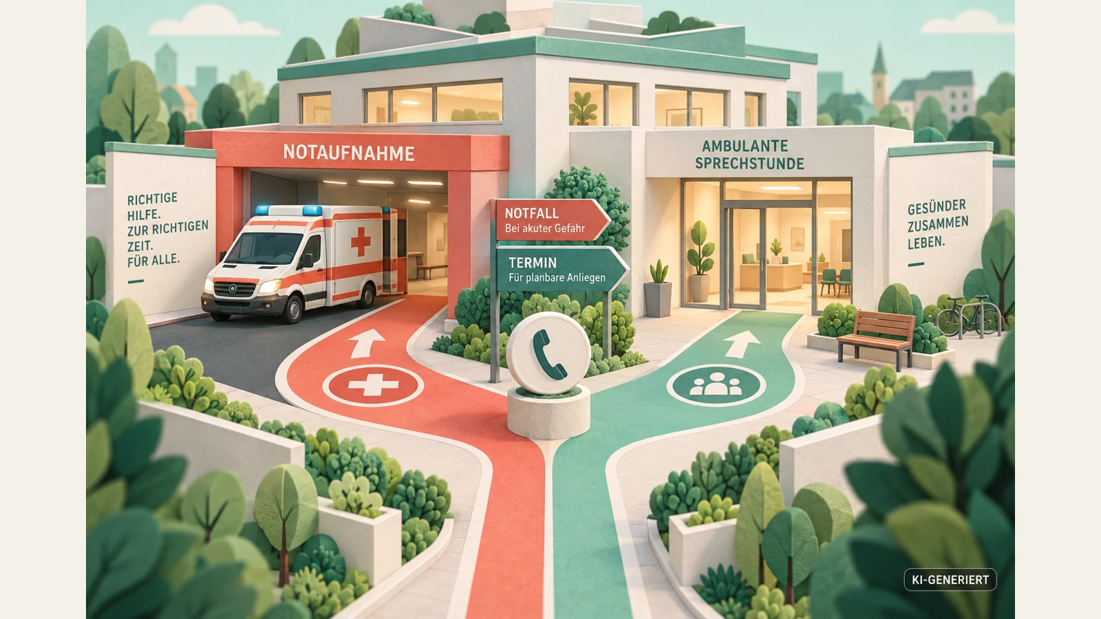 KI-Illustration: Notaufnahme und ambulante Sprechstunde mit einer gemeinsamen Wegweisung.