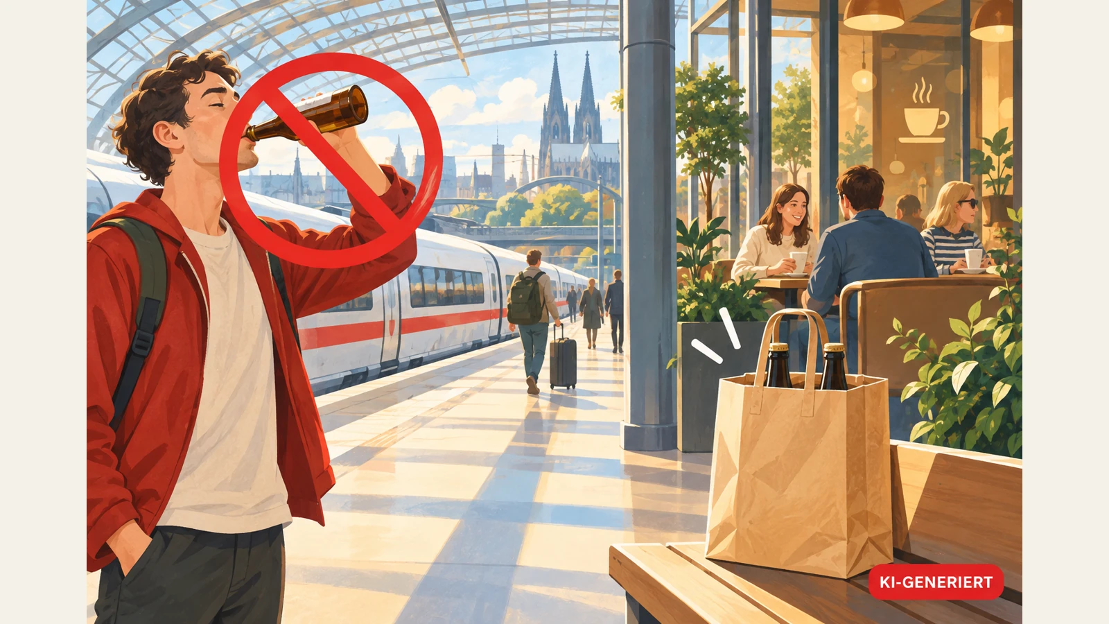 KI-Illustration: Bahnhofsszene mit verschlossener Einkaufstasche, durchgestrichener offener Flasche und Gastronomiebereich.