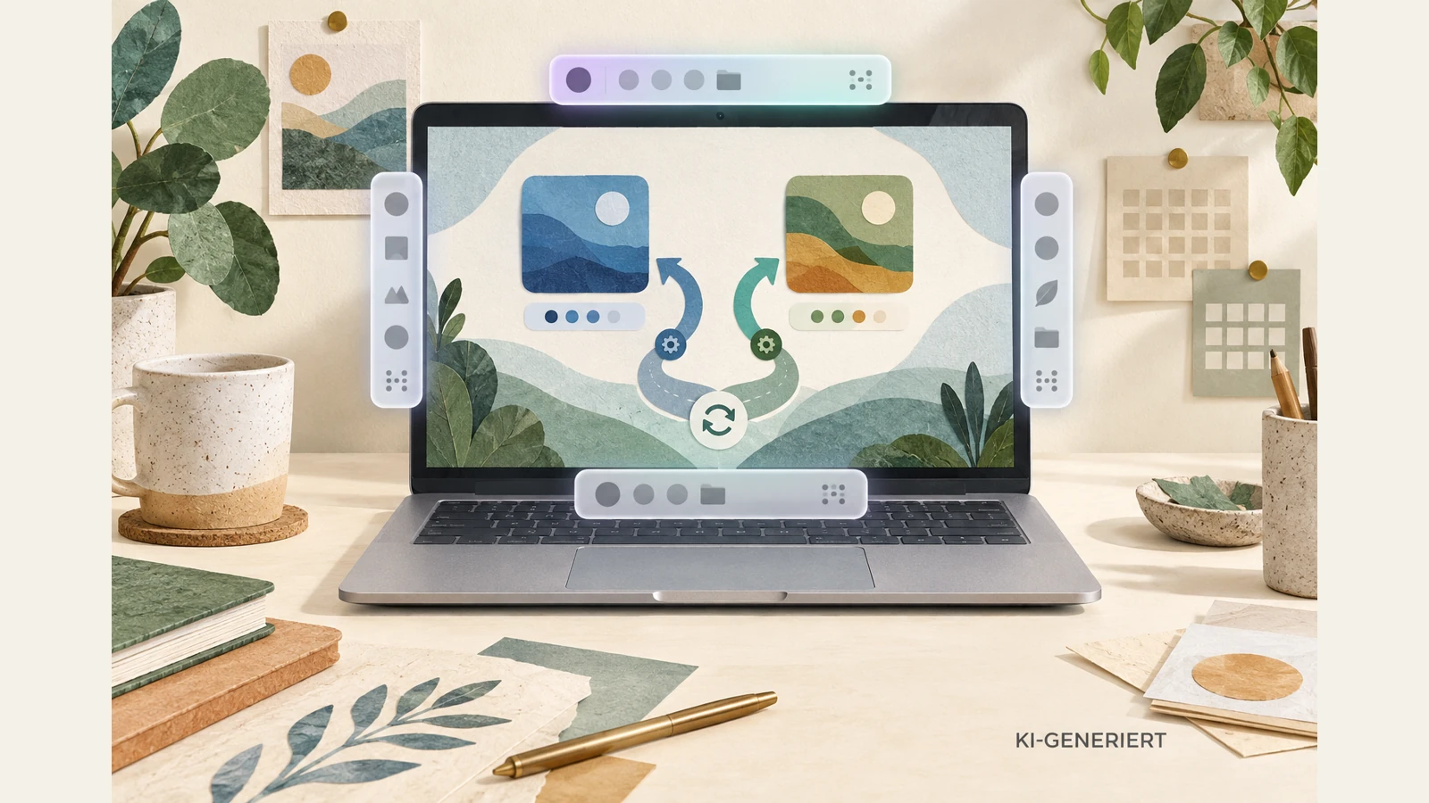 KI-Illustration: Laptop mit abstrakter Updateanzeige und schematischer Taskleiste.