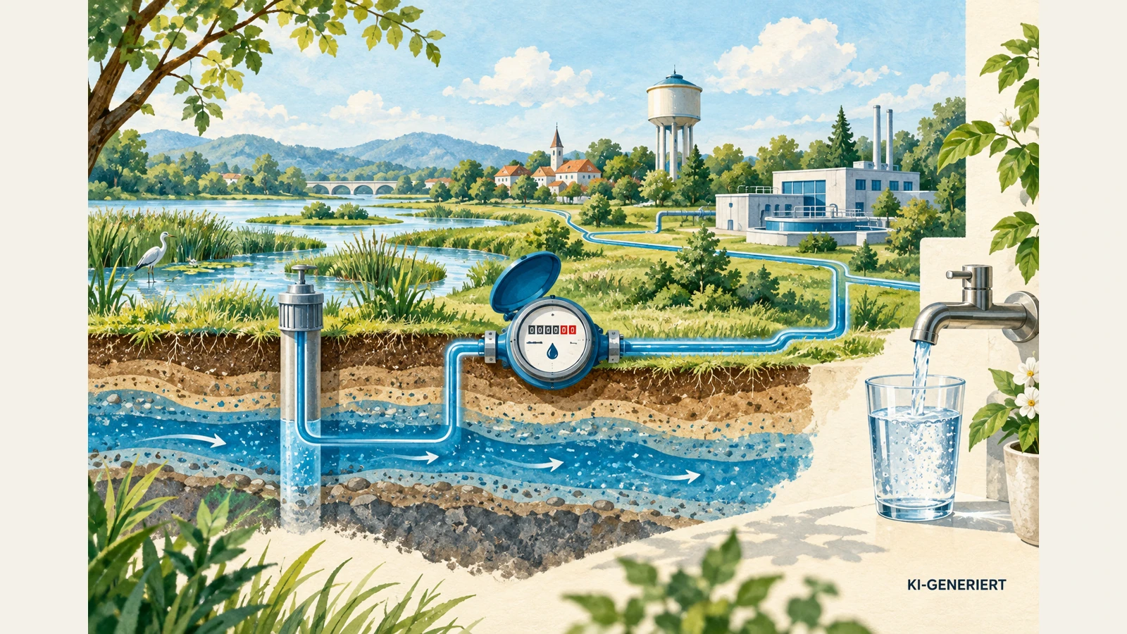 KI-Illustration: Fluss, Stadt, landwirtschaftliche Flächen und Wasserzähler als schematischer Wasserkreislauf.