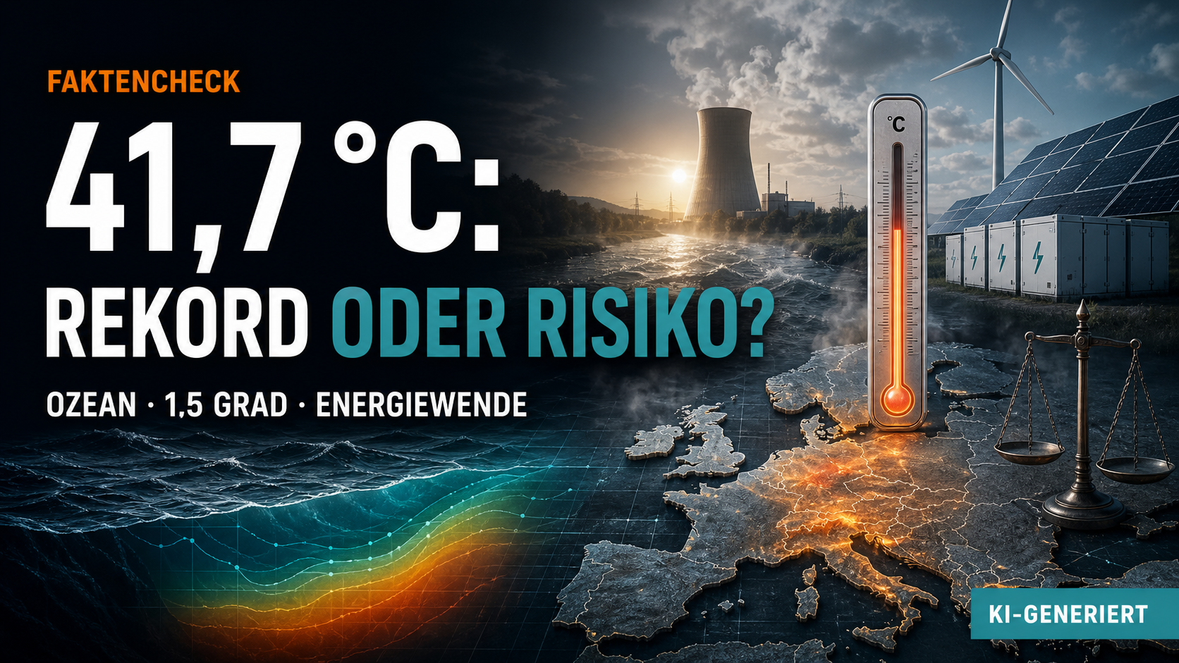 KI-generierte Symbolmontage mit Europakarte, Thermometer bei 41,7 Grad, Ozeanwärme, Windkraft, Solarenergie und Batteriespeichern.
