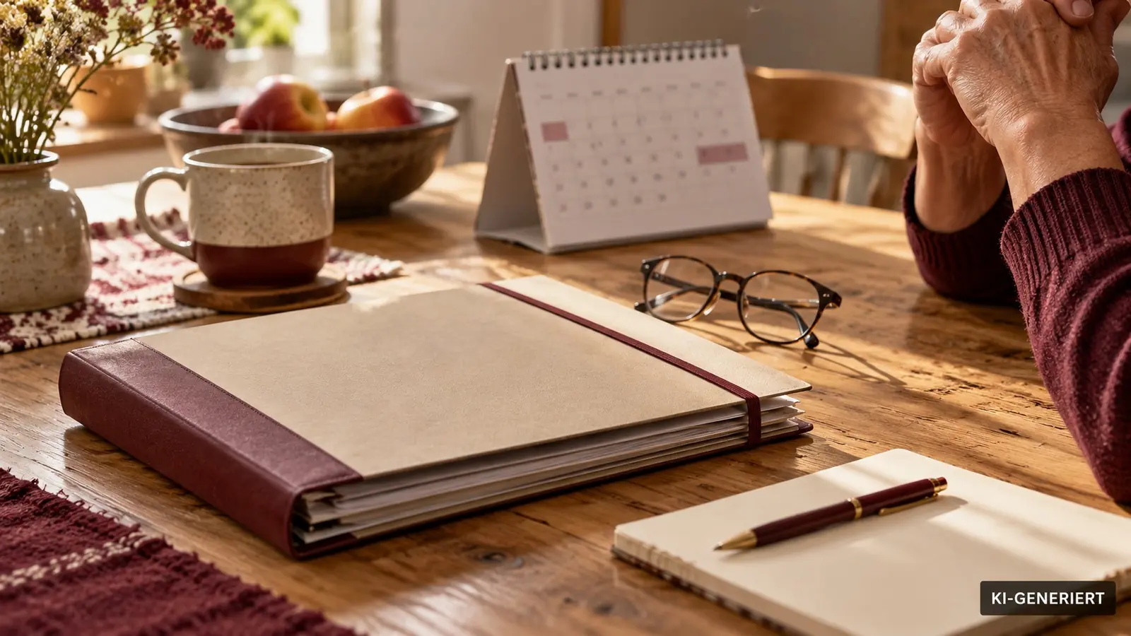 KI-Symbolbild: Rentenunterlagen, Kalender und Brille auf einem Tisch.