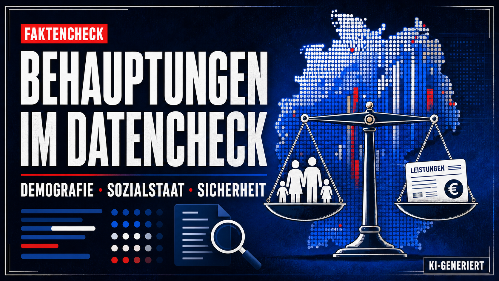 KI-generierte redaktionelle Symbolmontage mit Deutschlandkarte, Waage, Familie und Leistungsdokument zum Faktencheck über Demografie, Sozialstaat und Sicherheit.