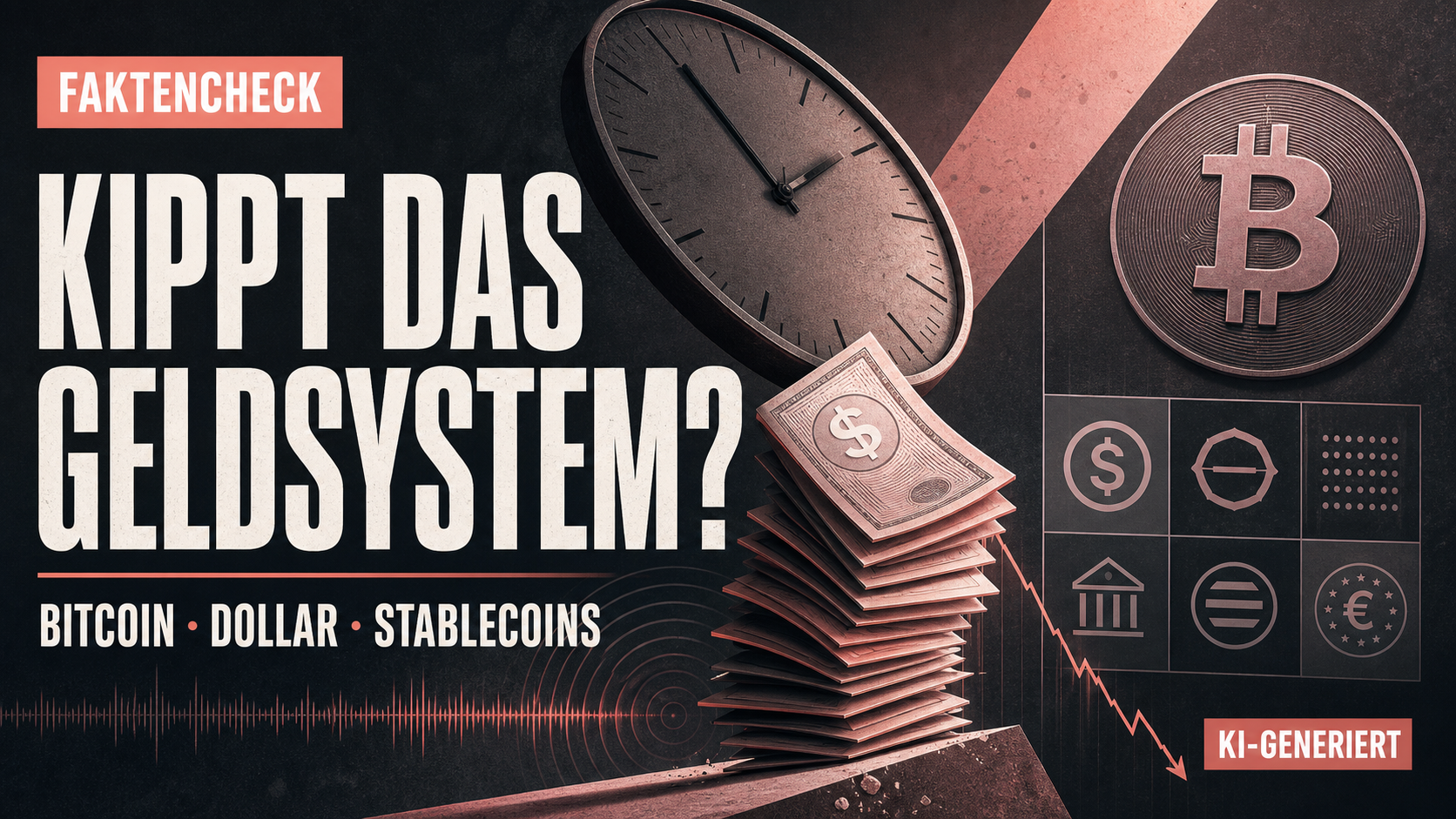 KI-generierte redaktionelle Symbolmontage mit Uhrwerk, Geldscheinen und Bitcoin-Symbol zum Faktencheck über Geldsystem, Inflation und Stablecoins.