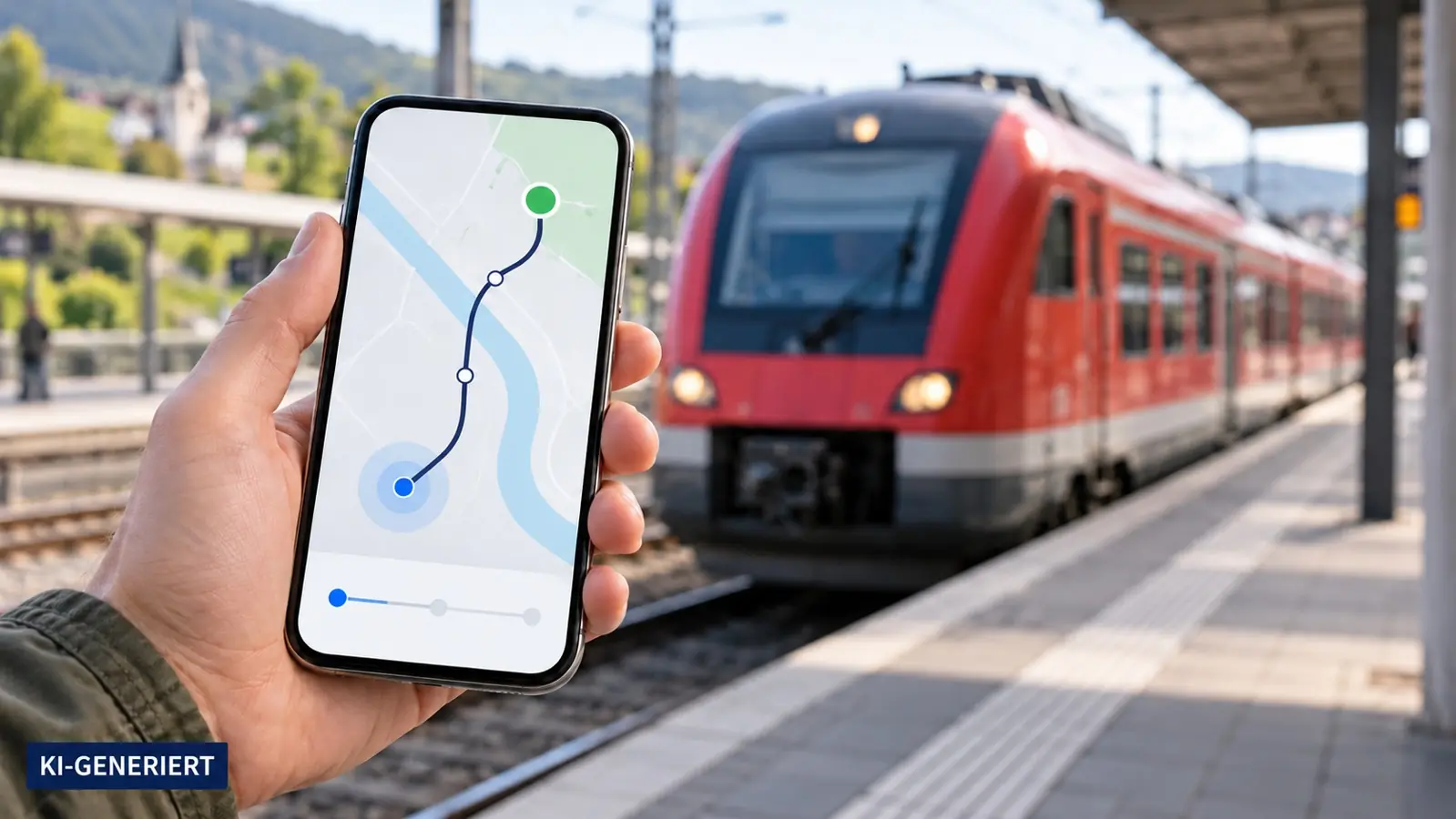 KI-generiertes Symbolbild: Smartphone mit abstraktem Streckenverlauf vor einem Regionalzug; keine echte Ticket-App.