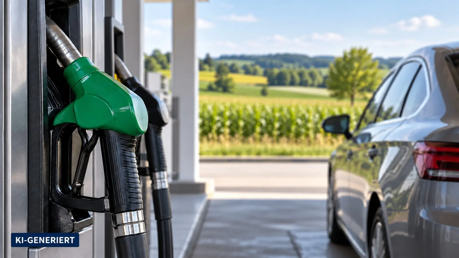 KI-generiertes Symbolbild: unmarkierte Zapfpistole und Auto an einer Tankstelle; keine reale E20-Zulassung dargestellt.