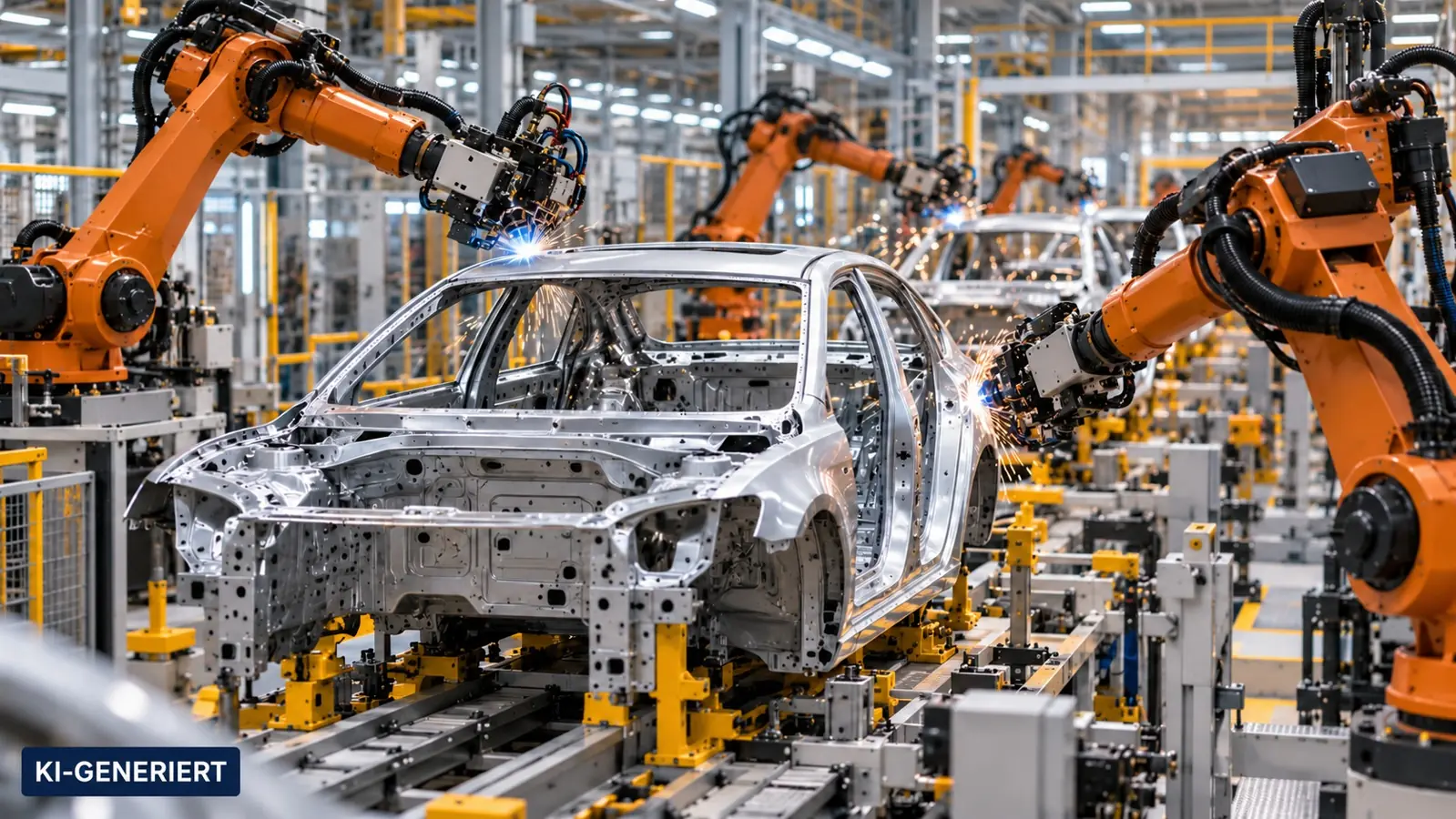 KI-generiertes Symbolbild einer unmarkierten Automobilfertigung mit Robotern und Fahrzeugkarosserien.