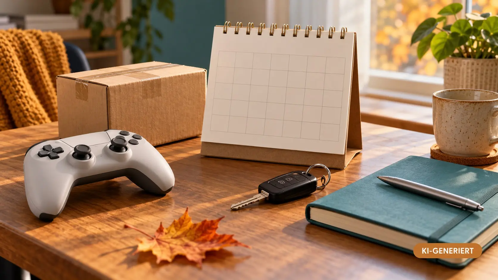 KI-generiertes Symbolbild: Kalender, Paket, Spielcontroller, Autoschlüssel und Notizbuch auf einem herbstlichen Schreibtisch.