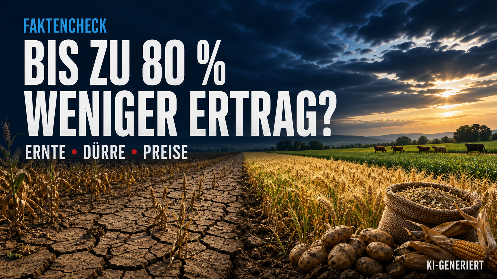 KI-generierte Symbolmontage zu Dürre und Ernteverlusten in Österreich mit trockenen Feldern, Getreide, Kartoffeln und Rindern; Text: Bis zu 80 % weniger Ertrag?