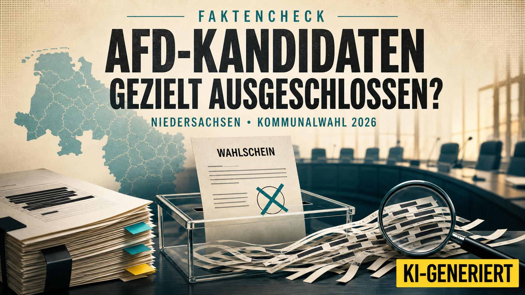 KI-generierte Symbolmontage zur Prüfung von AfD-Kandidaten in Niedersachsen mit Wahlurne, Wahlschein, Akten, Papierstreifen, Lupe und einem stilisierten Niedersachsen-Umriss; im Bild steht sichtbar „KI-GENERIERT“.