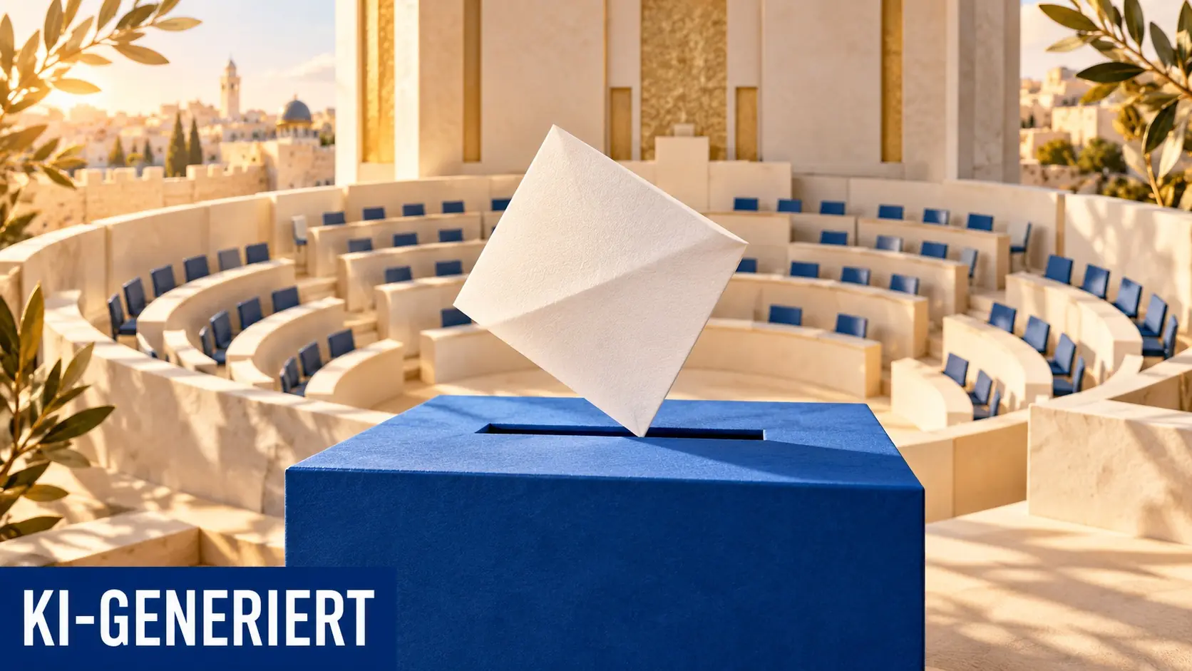 KI-Symbolillustration: unbeschrifteter Stimmzettel über einer blauen Wahlurne vor einem abstrakten Plenarsaal.