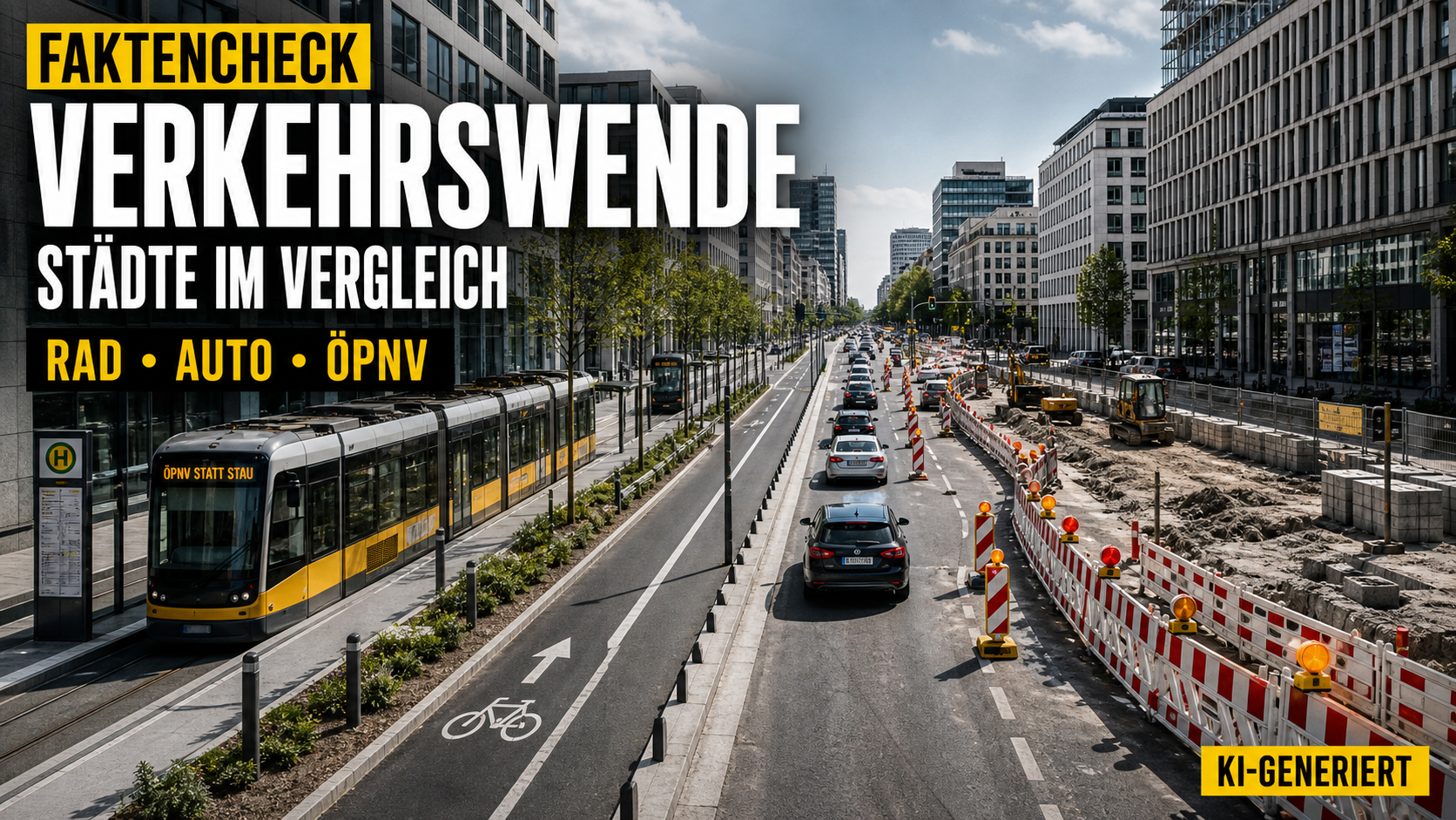 KI-generierte redaktionelle Symbolmontage zur Verkehrswende mit geteiltem Stadtmotiv: Straßenbahn und Radroute auf der einen, autogeprägter Straßenraum auf der anderen Seite; im Bild steht sichtbar „KI-GENERIERT“.