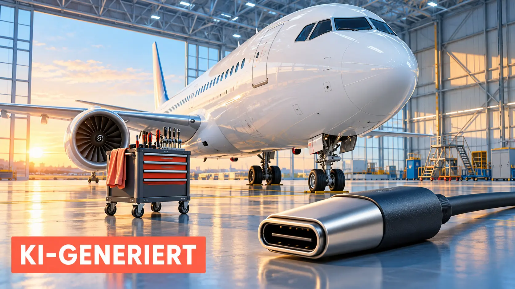 KI-Symbolillustration: unmarkiertes Verkehrsflugzeug, Wartungswagen und USB-C-Stecker als Größenmetapher; keine Darstellung der konkreten AUA-Maschine.