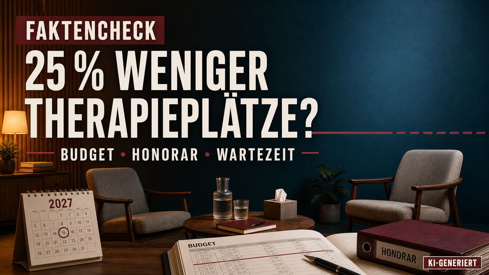 KI-generierte redaktionelle Symbolmontage zu Psychotherapie und GKV-Budget mit Therapieraum, Kalender, Akten und einer begrenzenden Budgetlinie; sichtbar gekennzeichnet mit „KI-GENERIERT“.