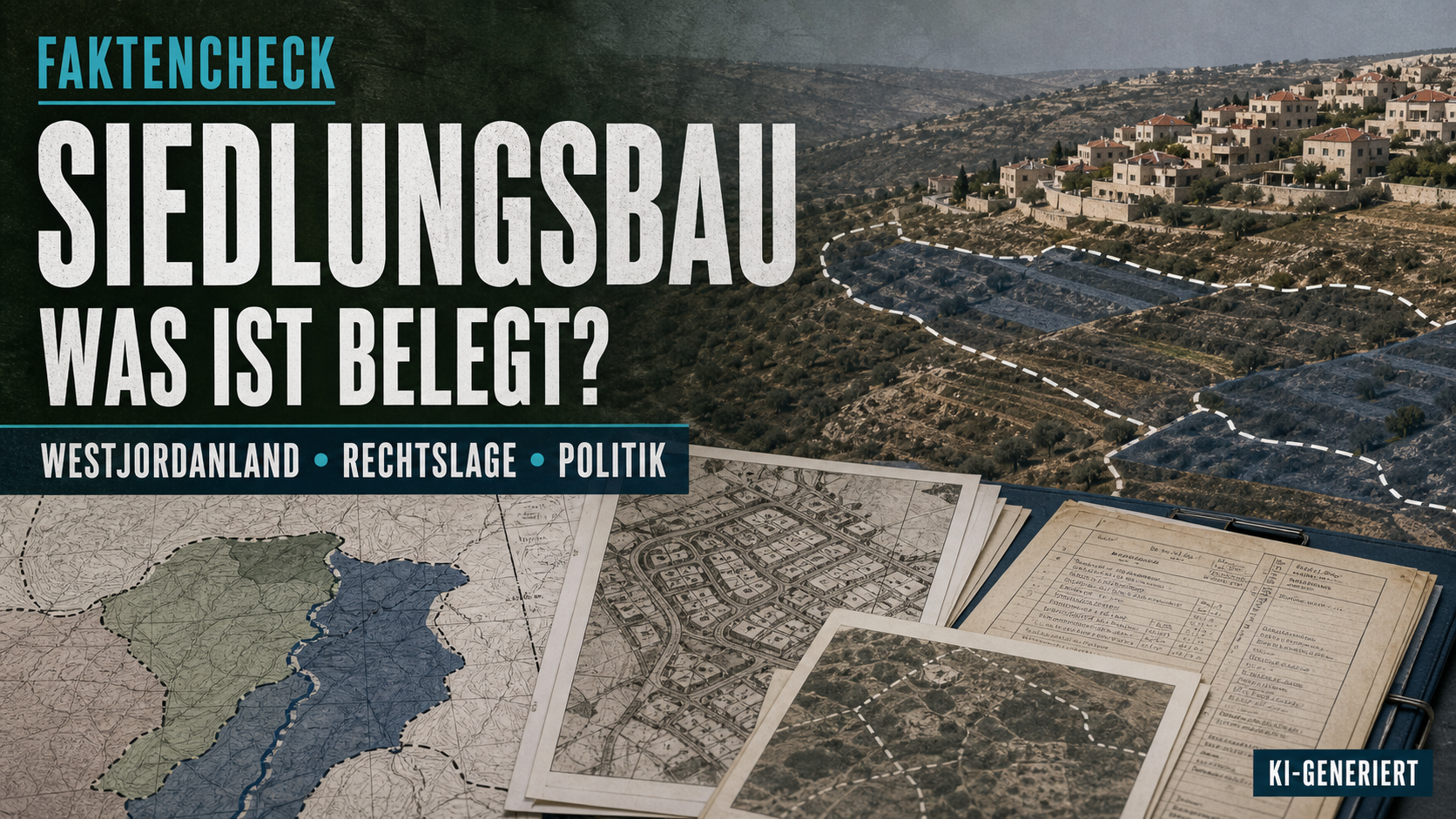 KI-generierte redaktionelle Symbolmontage zu israelischen Siedlungen im Westjordanland mit Hügelbebauung, Planungsunterlagen und kartografischen Grenzlinien in Waldgrün, Schiefergrau und Cyan; im Bild steht sichtbar „KI-GENERIERT“.