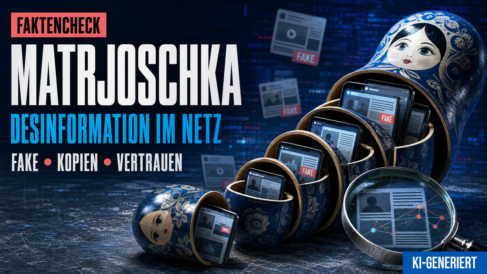 KI-generierte redaktionelle Symbolmontage zur Matrjoschka-Desinformationskampagne mit ineinander verschachtelten Smartphones und manipulierten Medienbildern in Blau-, Cyan- und Koralltönen; im Bild steht sichtbar „KI-GENERIERT“.