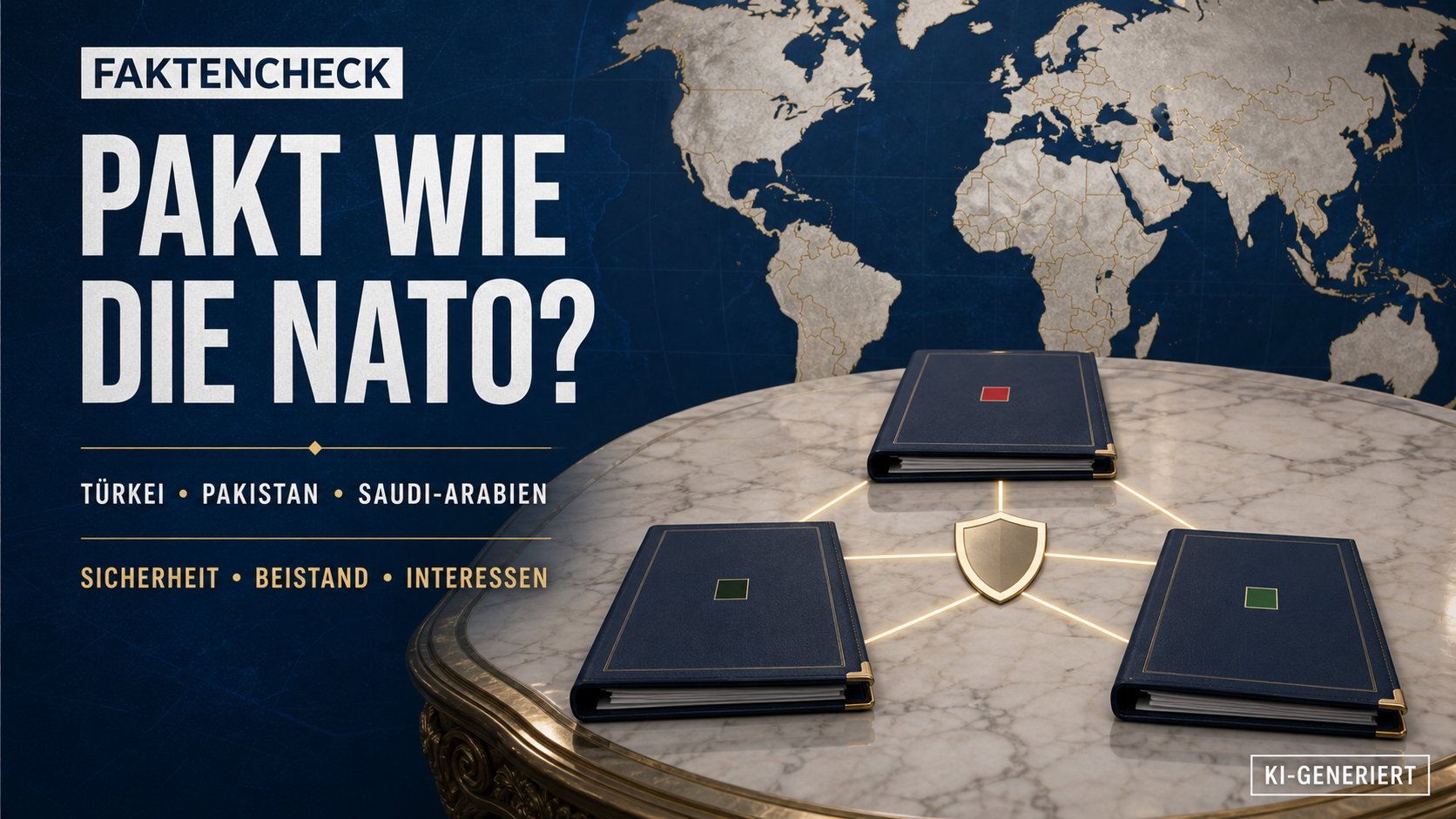 KI-generierte redaktionelle Symbolmontage zum Verteidigungsabkommen zwischen der Türkei, Pakistan und Saudi-Arabien mit drei Vertragsmappen, Schutzschild und einer stilisierten Nahostkarte in Royalblau, Gold und Grün; im Bild steht sichtbar „KI-GENERIERT“