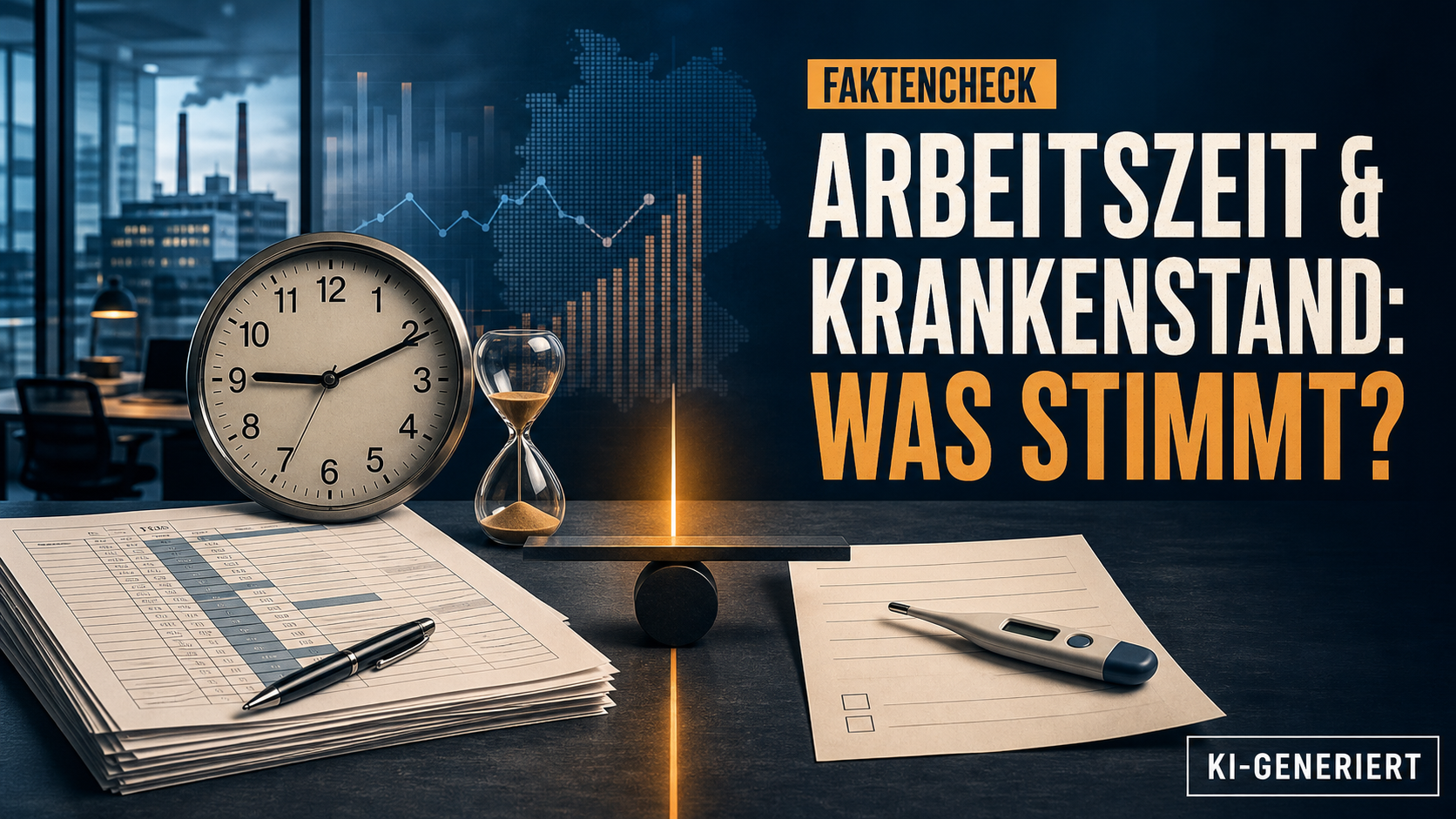 KI-generierte redaktionelle Symbolmontage zu Arbeitszeit, Krankenstand und Infrastruktur in Deutschland
