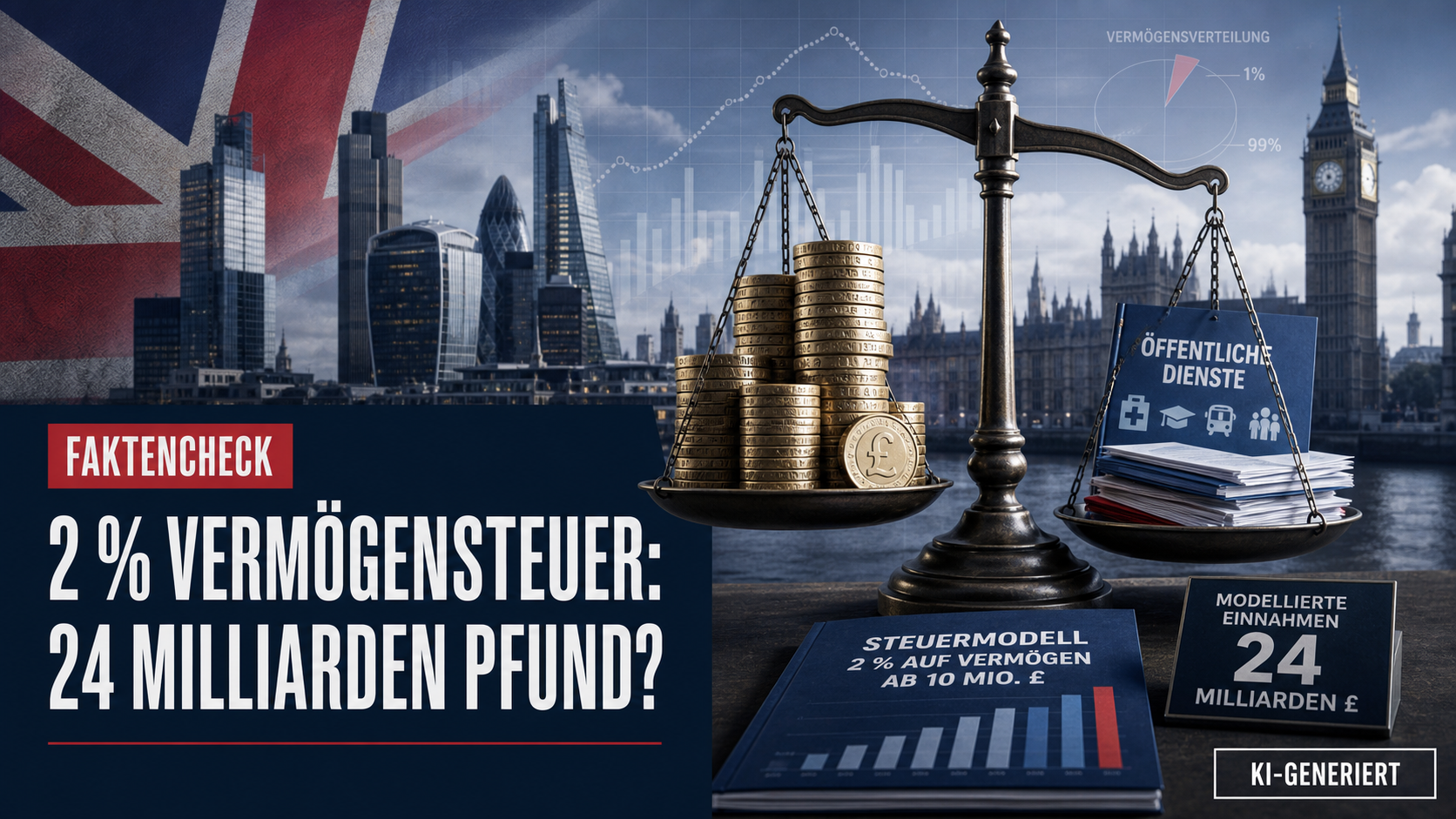 KI-generierte Symbolgrafik: London, Union Jack und eine Waage zwischen Münzen und öffentlichen Diensten zur Zwei-Prozent-Vermögenssteuer