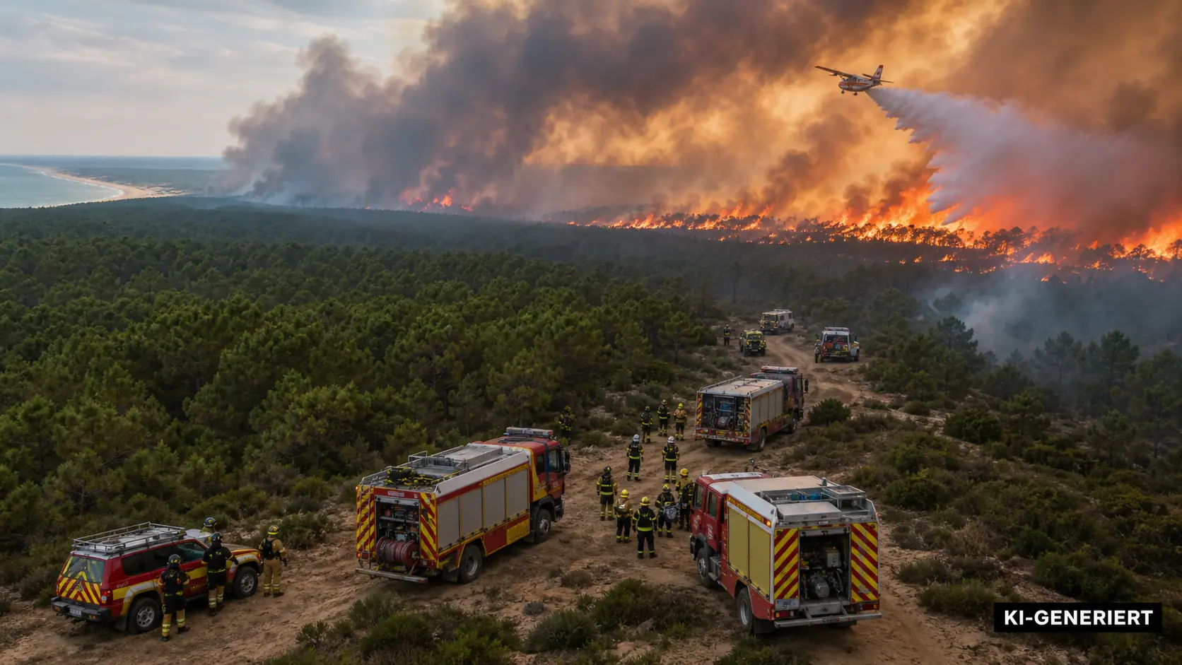 KI-generierte symbolische Darstellung eines Waldbrands in der Gironde mit Einsatzkräften und Löschflugzeug