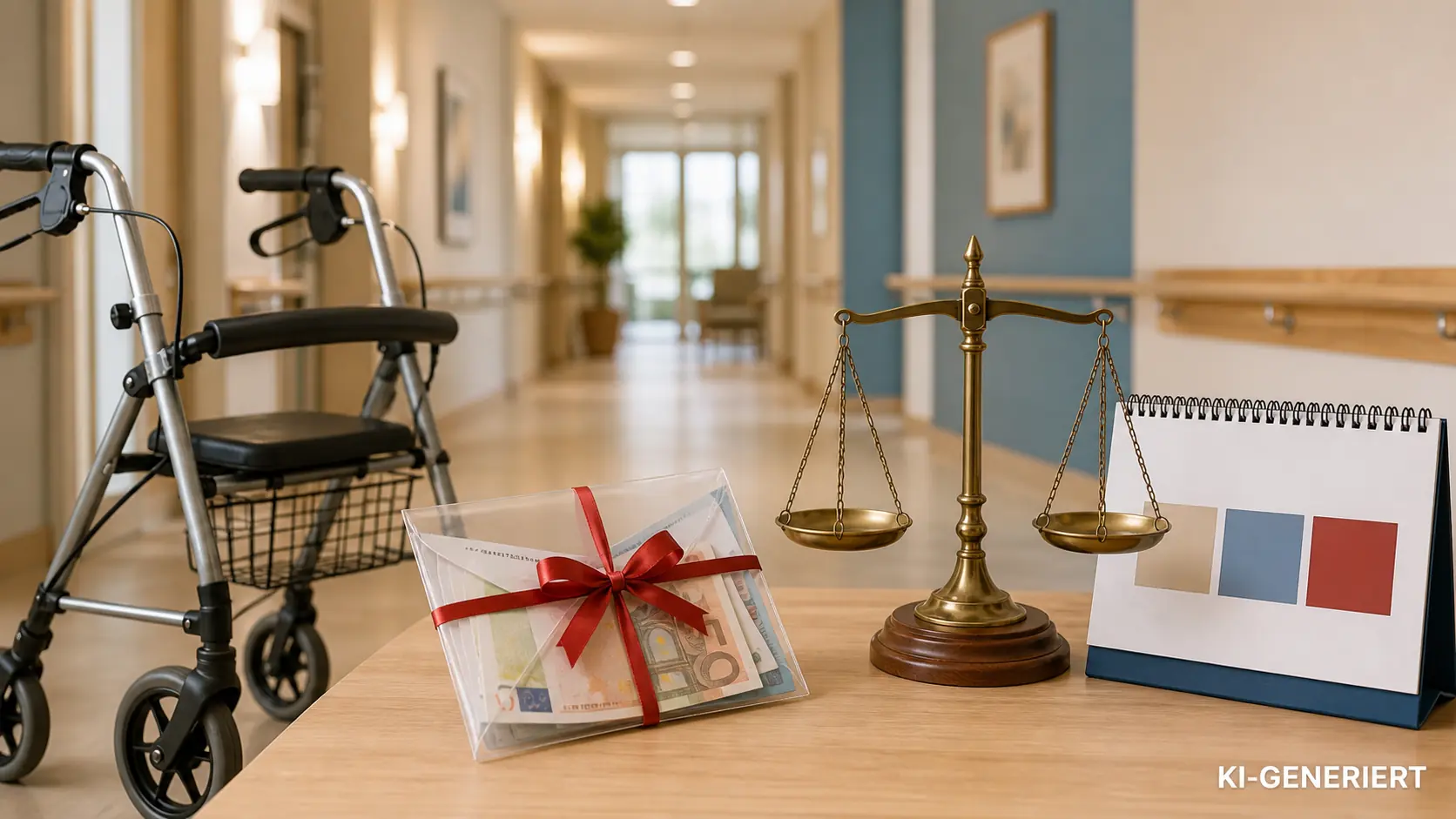 KI-generiertes Symbolbild mit Rollator im Pflegeheimflur, Geldgeschenk, Waage und Kalender in warmen Beige-, Rot- und Blautönen