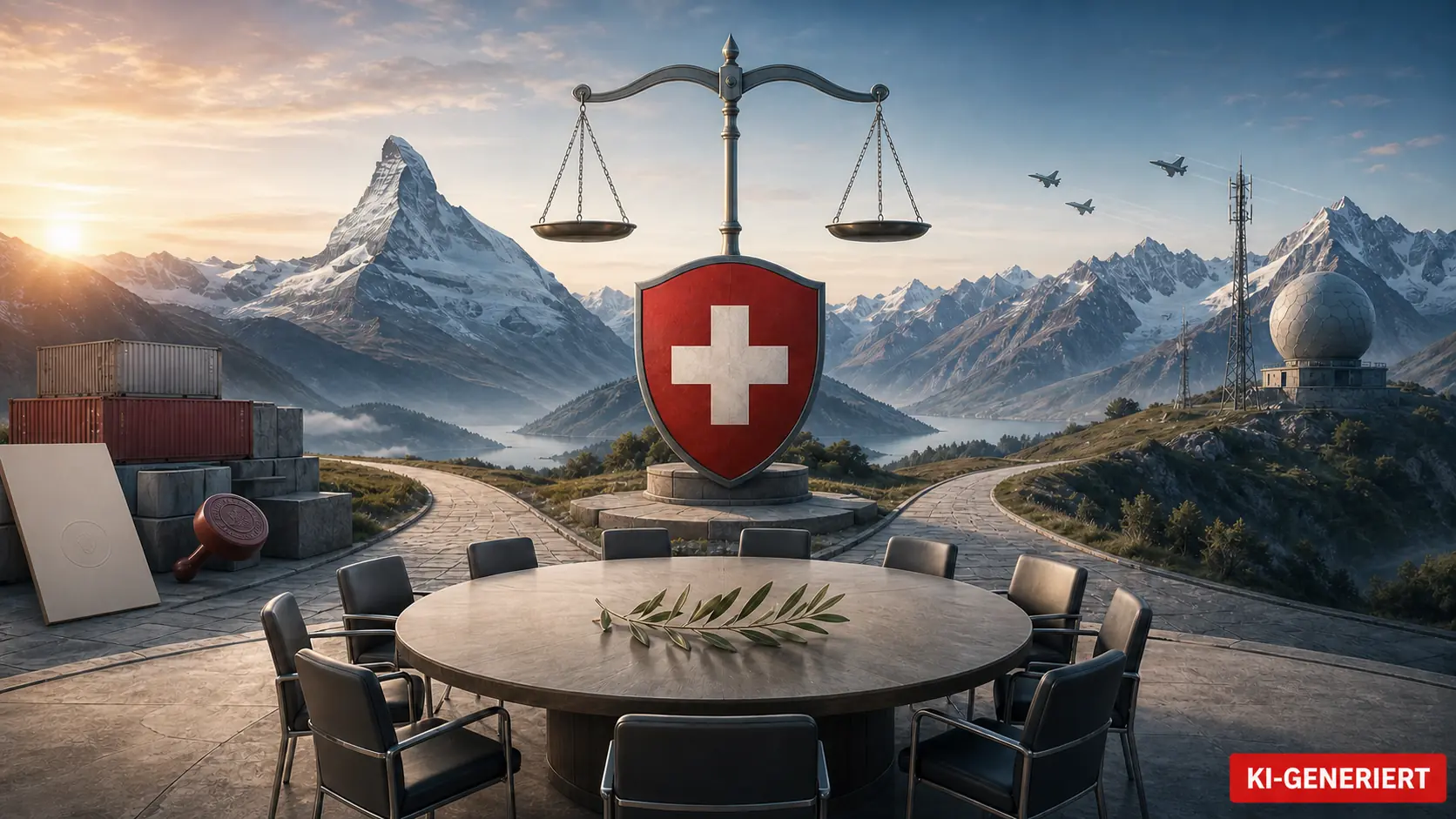 KI-generierte symbolische Alpenlandschaft mit Schweizer Kreuz, Verfassung, Waage, Schutzschild und diplomatischem Verhandlungstisch